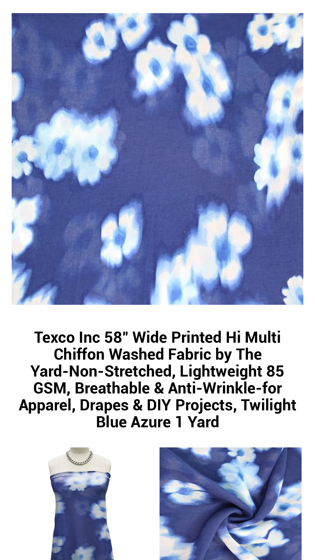 Luxurious Twilight Blue Multi Chiffon Fabric – Soft, Lightweight, and Breathable 58" Wide Polyester for Elegant Apparel, Drapes & DIY Projects