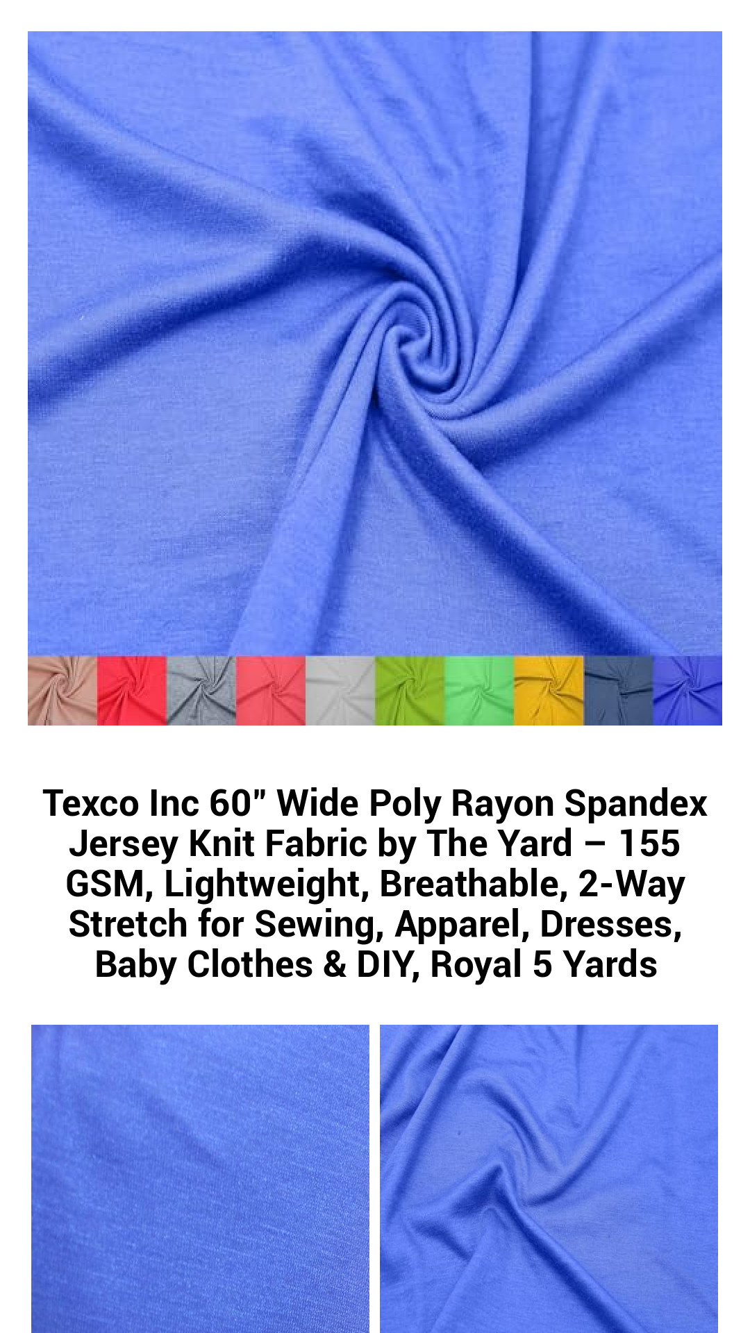 Premium 60" Wide Poly Rayon Spandex Jersey Knit Fabric - Lightweight, 2-Way Stretch for Effortless Sewing & Comfortable Apparel - Rich Royal Blue - Sold by The Yard