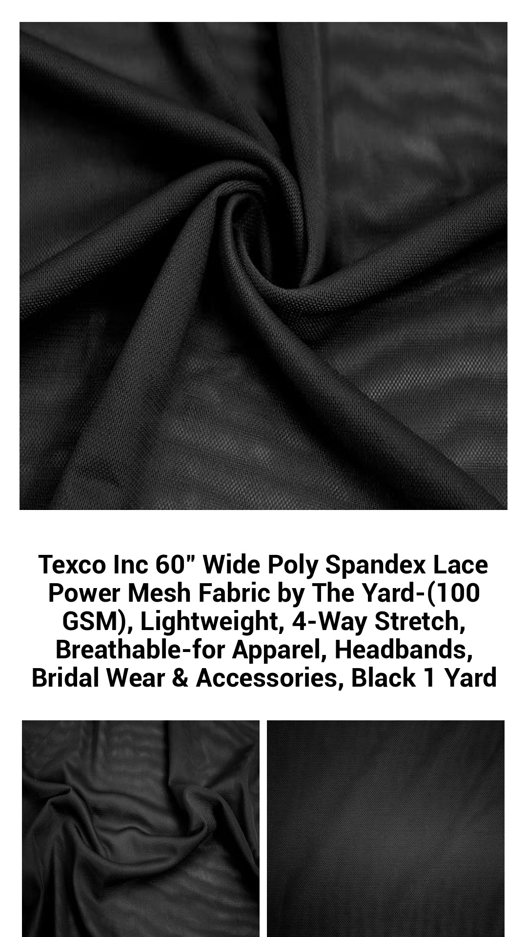 Luxurious 60" Wide Black Poly Spandex Lace Power Mesh Fabric - Lightweight, 4-Way Stretch, and Breathable for Elegant Apparel and Accessories