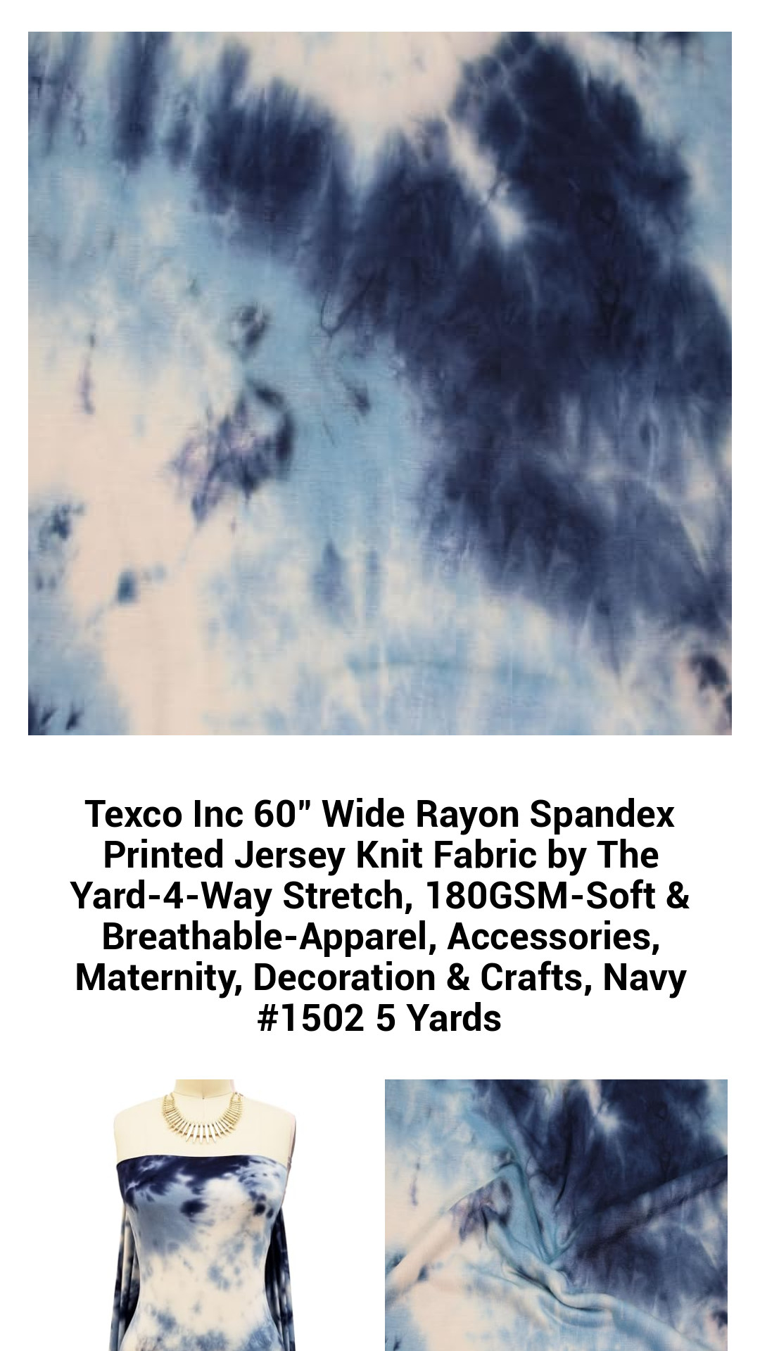 Texco Inc 60" Wide Rayon Spandex Printed Jersey Knit Fabric by The Yard-4-Way Stretch, 180GSM-Soft & Breathable-Apparel, Accessories, Maternity, Decoration & Crafts, Navy #1502 5 Yards Texco Inc 60" Wide Rayon Spandex Printed Jersey Knit Fabric by The Yard-4-Way Stretch, 180GSM-Soft & Breathable-Apparel, Accessories, Maternity, Decoration & Crafts, Navy #1502 5 Yards