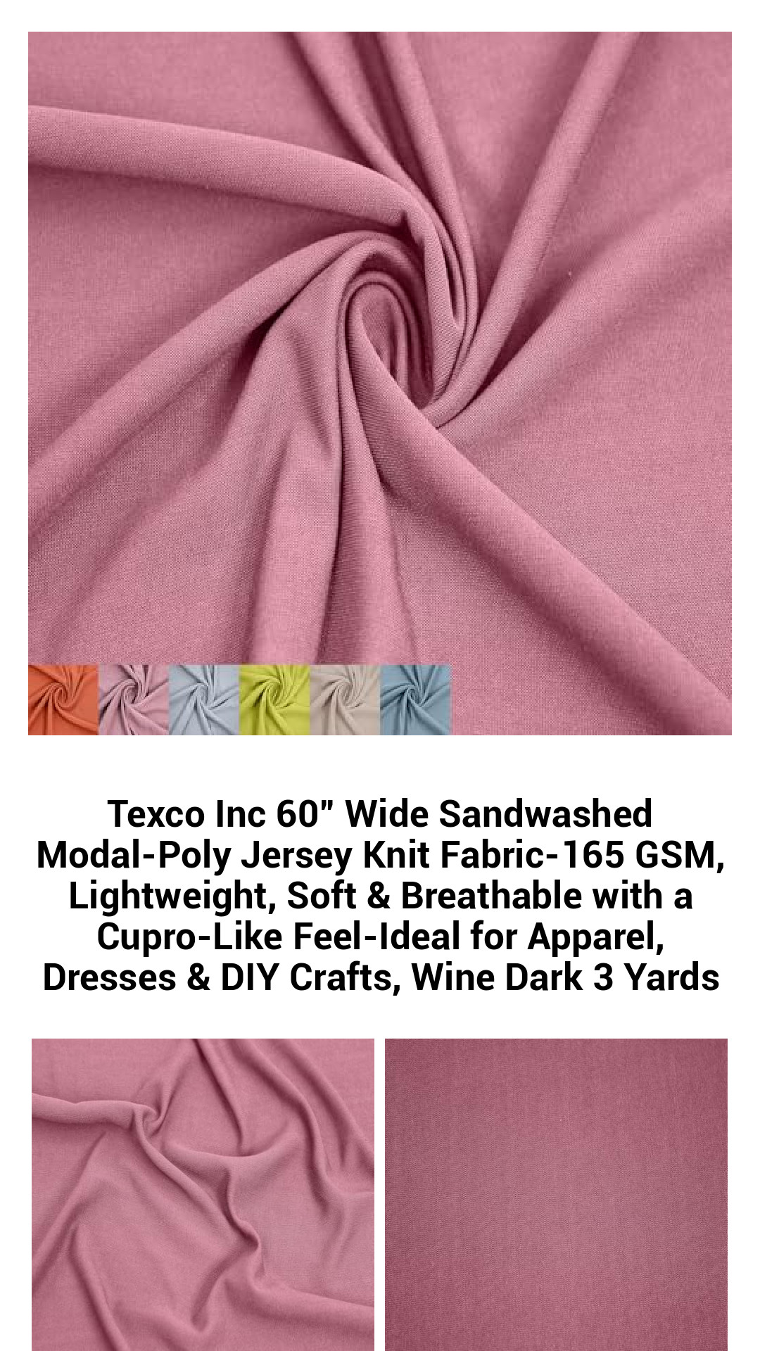 Texco Inc 60” Wide Sandwashed Modal-Poly Jersey Knit Fabric-165 GSM, Lightweight, Soft & Breathable with a Cupro-Like Feel-Ideal for Apparel, Dresses & DIY Crafts, Wine Dark 3 Yards Texco Inc 60” Wide Sandwashed Modal-Poly Jersey Knit Fabric-165 GSM, Lightweight, Soft & Breathable with a Cupro-Like Feel-Ideal for Apparel, Dresses & DIY Crafts, Wine Dark 3 Yards