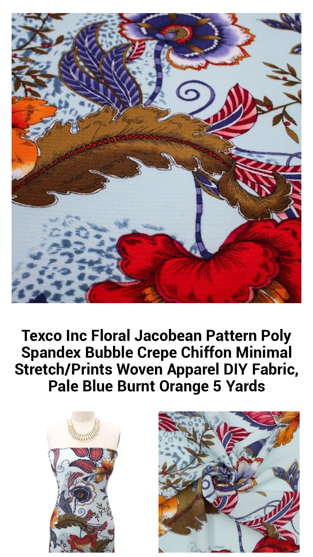 Texco Inc Floral Jacobean Pattern Poly Spandex Bubble Crepe Chiffon Minimal Stretch/Prints Woven Apparel DIY Fabric, Pale Blue Burnt Orange 5 Yards Texco Inc Floral Jacobean Pattern Poly Spandex Bubble Crepe Chiffon Minimal Stretch/Prints Woven Apparel DIY Fabric, Pale Blue Burnt Orange 5 Yards