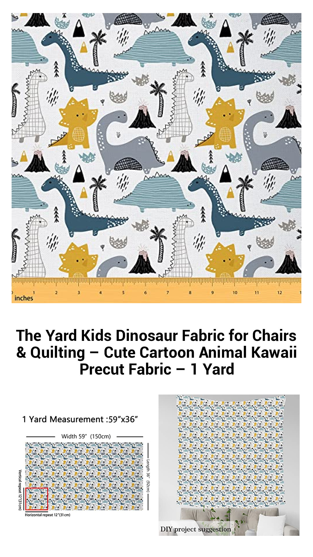 Adorable Dinosaur-Themed Kawaii Fabric for Kids' Projects – Premium 1 Yard Precut Cartoon Material for Quilting, Crafts, and Home Décor