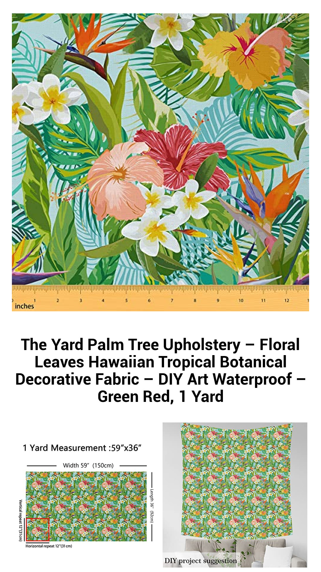 Tropical Paradise Palm Tree Upholstery Fabric – Vibrant Floral Leaves for DIY Projects – Waterproof Craft Material – 1 Yard of Botanical Bliss in Green and Red