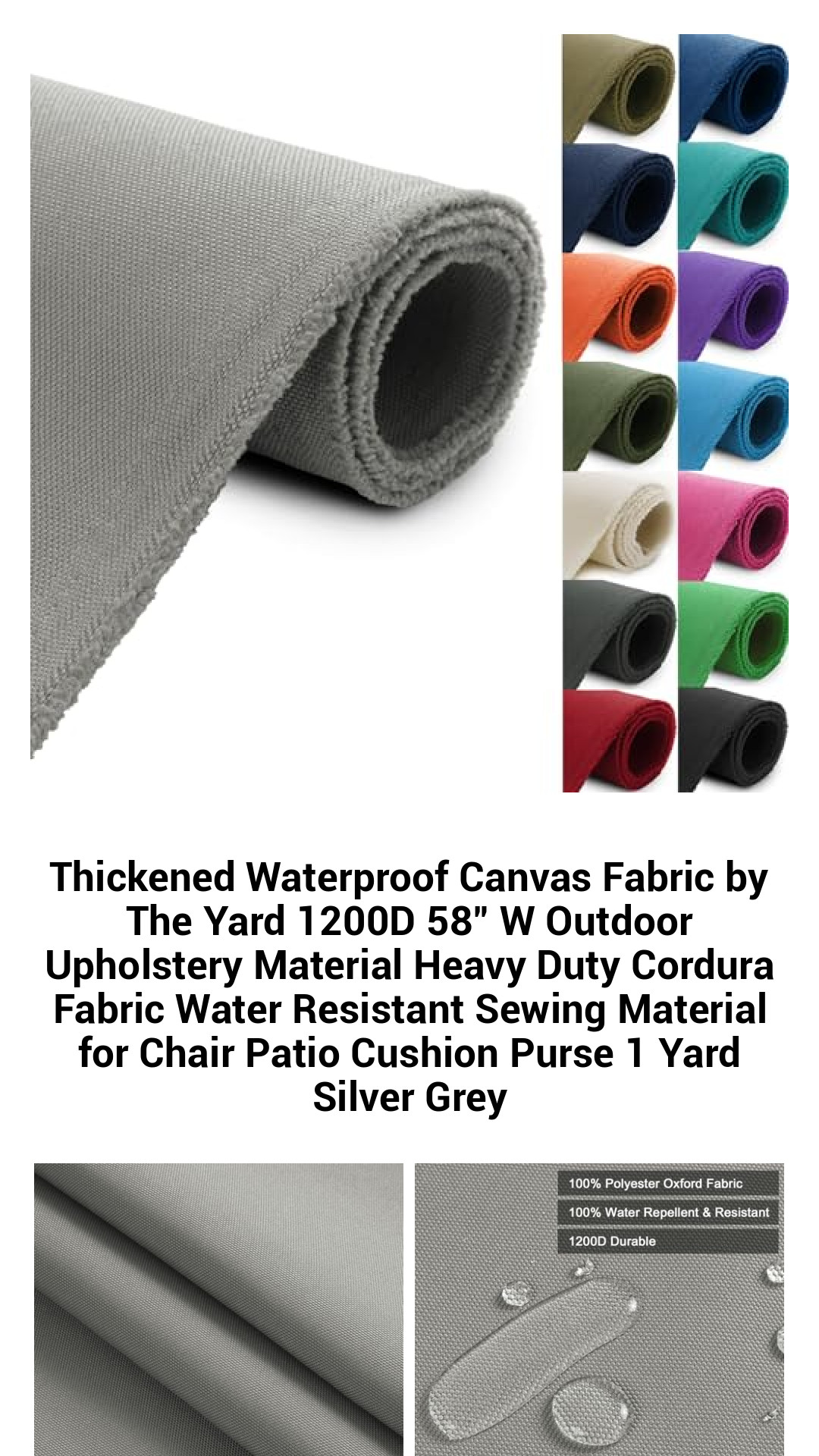Premium Heavy Duty Waterproof Canvas Fabric by the Yard - 1200D 58" Wide Outdoor Upholstery Material for Cushions, Bags, and More - Durable Silver Grey Sewing Solution