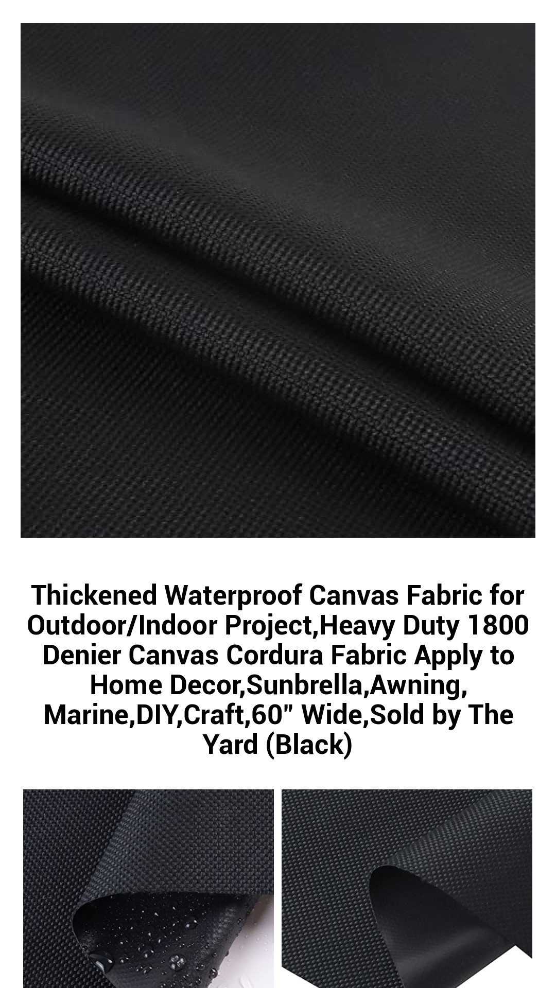Premium Heavy-Duty 1800 Denier Waterproof Canvas Fabric – Versatile Black Cordura for Indoor and Outdoor Projects, 60" Wide, Sold by the Yard