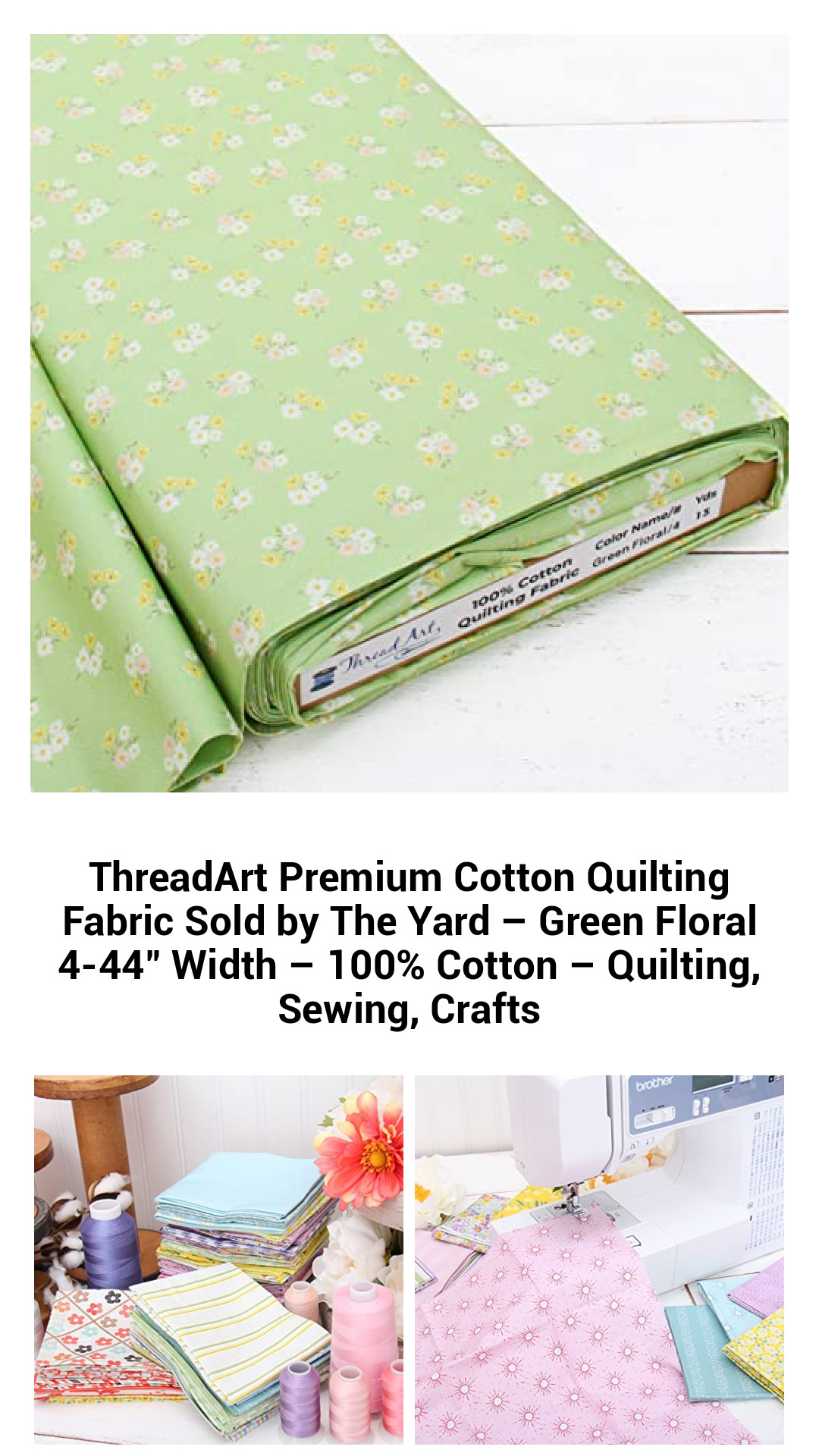 ThreadArt Premium Green Floral Quilting Fabric - 100% Cotton, 44-Inch Wide, Perfect for Quilting, Sewing, and Crafts