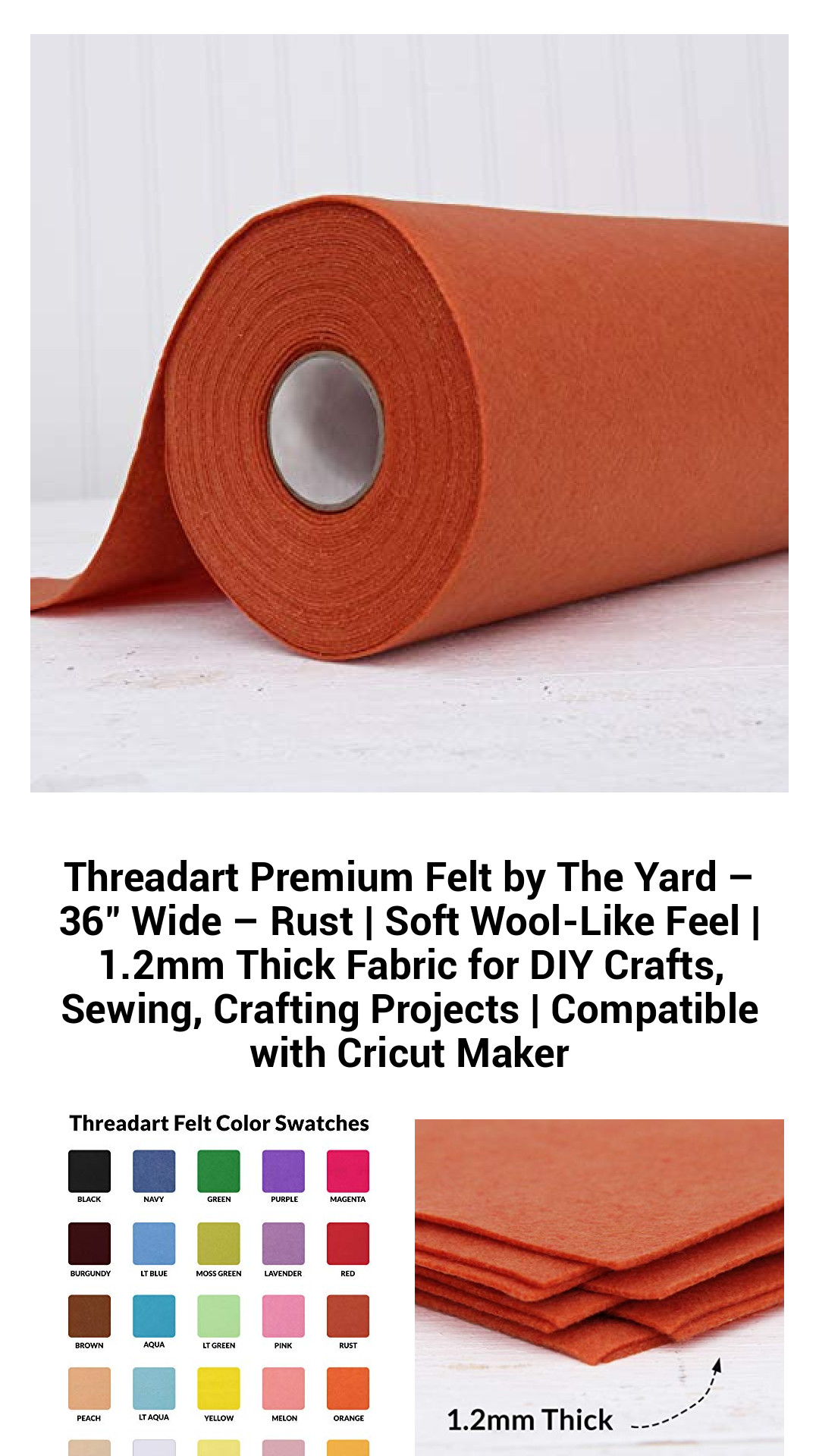 Premium Rust Felt Fabric by the Yard – 36" Wide – Soft and Durable Wool-Like Material for DIY Crafts, Sewing, and Cricut Projects