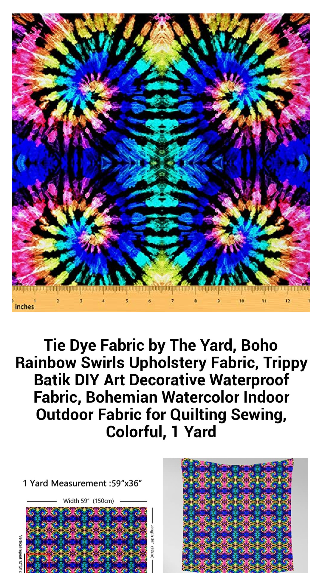 Vibrant Tie Dye Fabric by the Yard - Bohemian Waterproof Upholstery Material for DIY Crafts, Quilting, and Home Decor in Stunning Rainbow Swirls