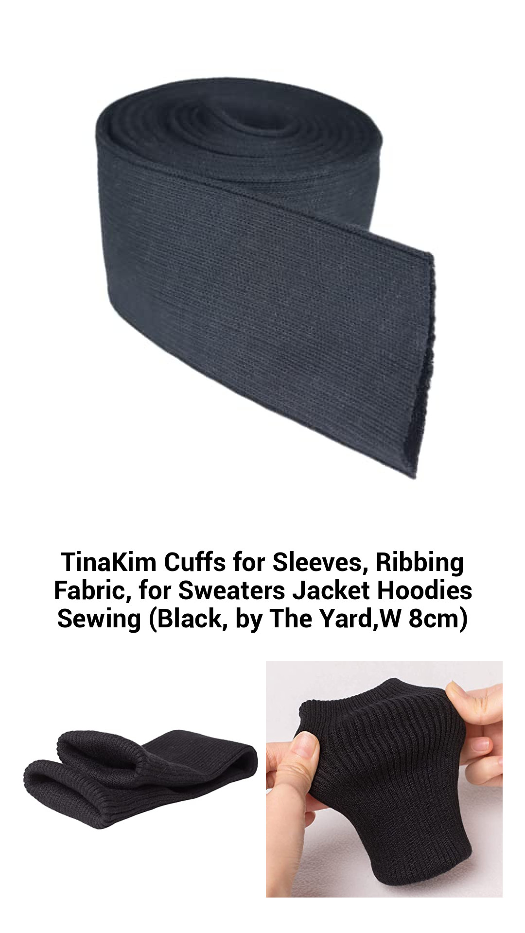 Premium Stretch Ribbing Fabric for Cuffs - Versatile Black Knit for Sweaters, Jackets, and Hoodies (8cm Wide, Sold by the Yard)