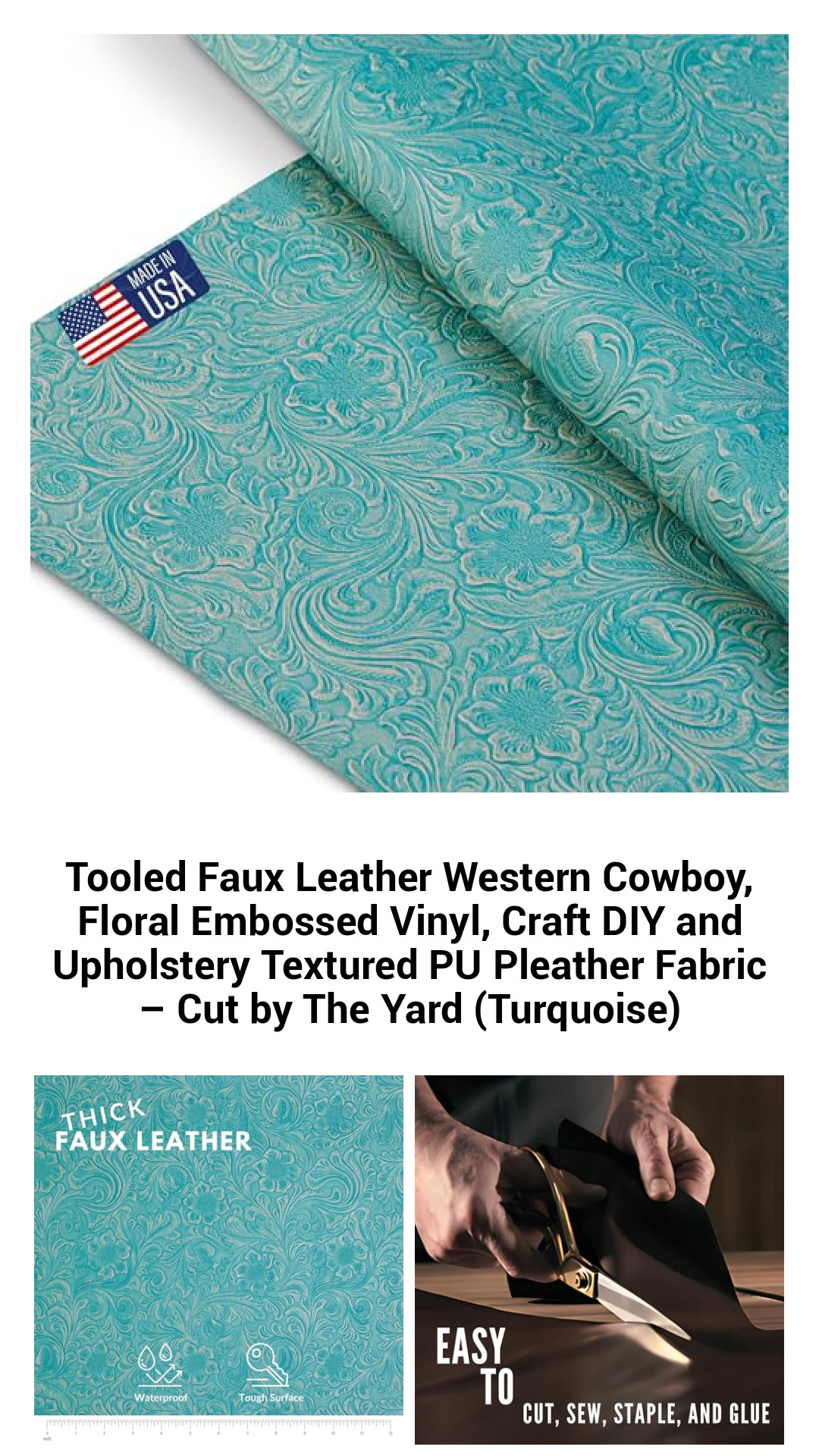Vibrant Turquoise Floral Embossed Faux Leather - Versatile PU Pleather Fabric for Crafting, Upholstery, and DIY Projects - Sold by the Yard