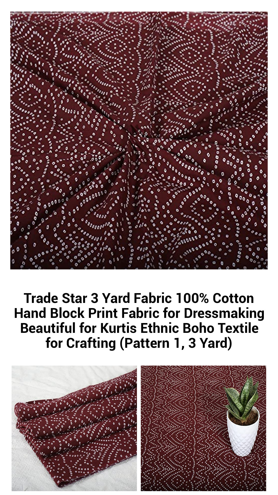 Ethereal 100% Cotton Hand Block Print Fabric – 3 Yards of Stunning Ethnic Design for Dressmaking, Crafting, and Home Decor