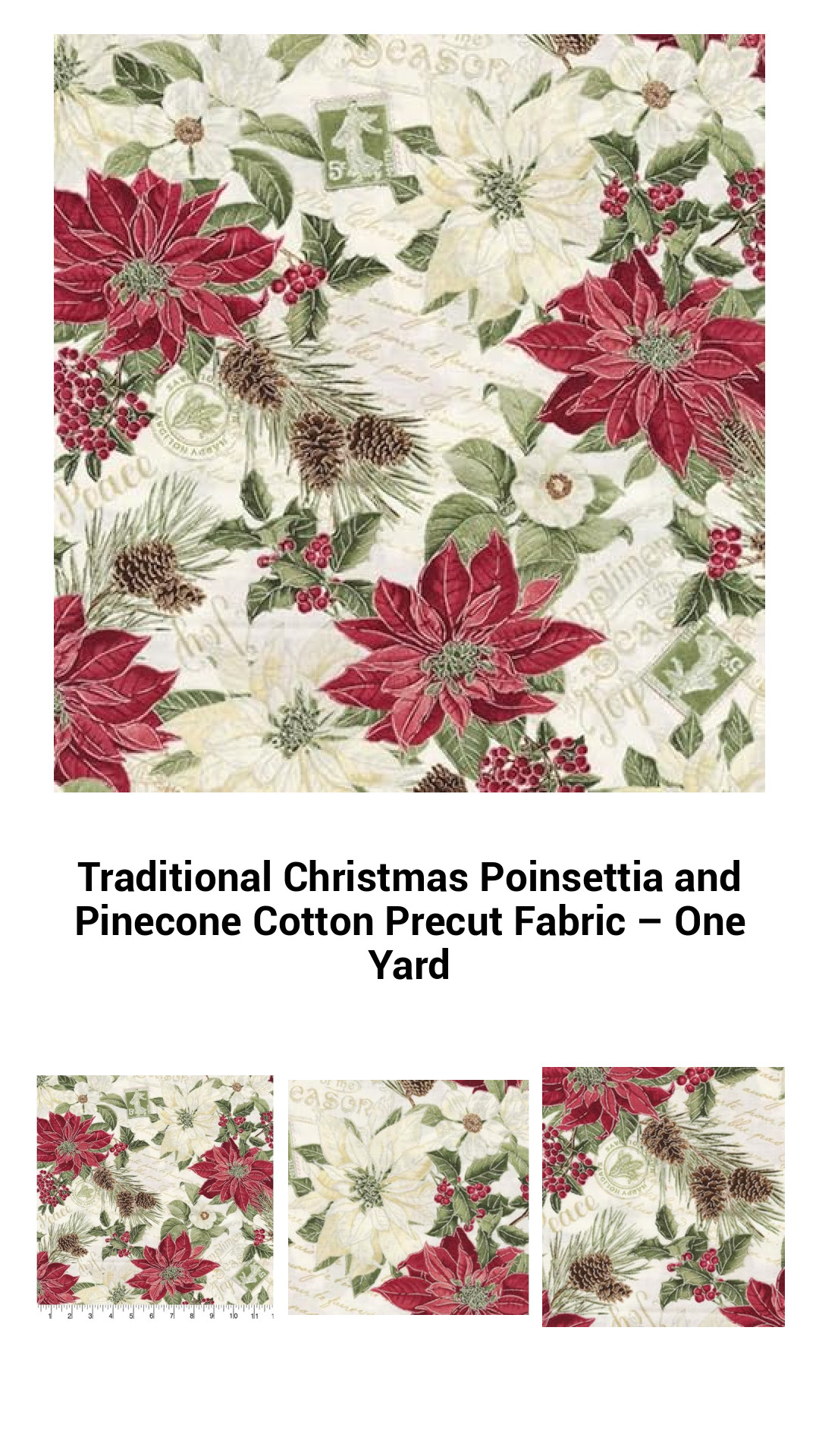 Festive Poinsettia and Pinecone Cotton Fabric – 1 Yard of Holiday Charm for Quilting and Crafts