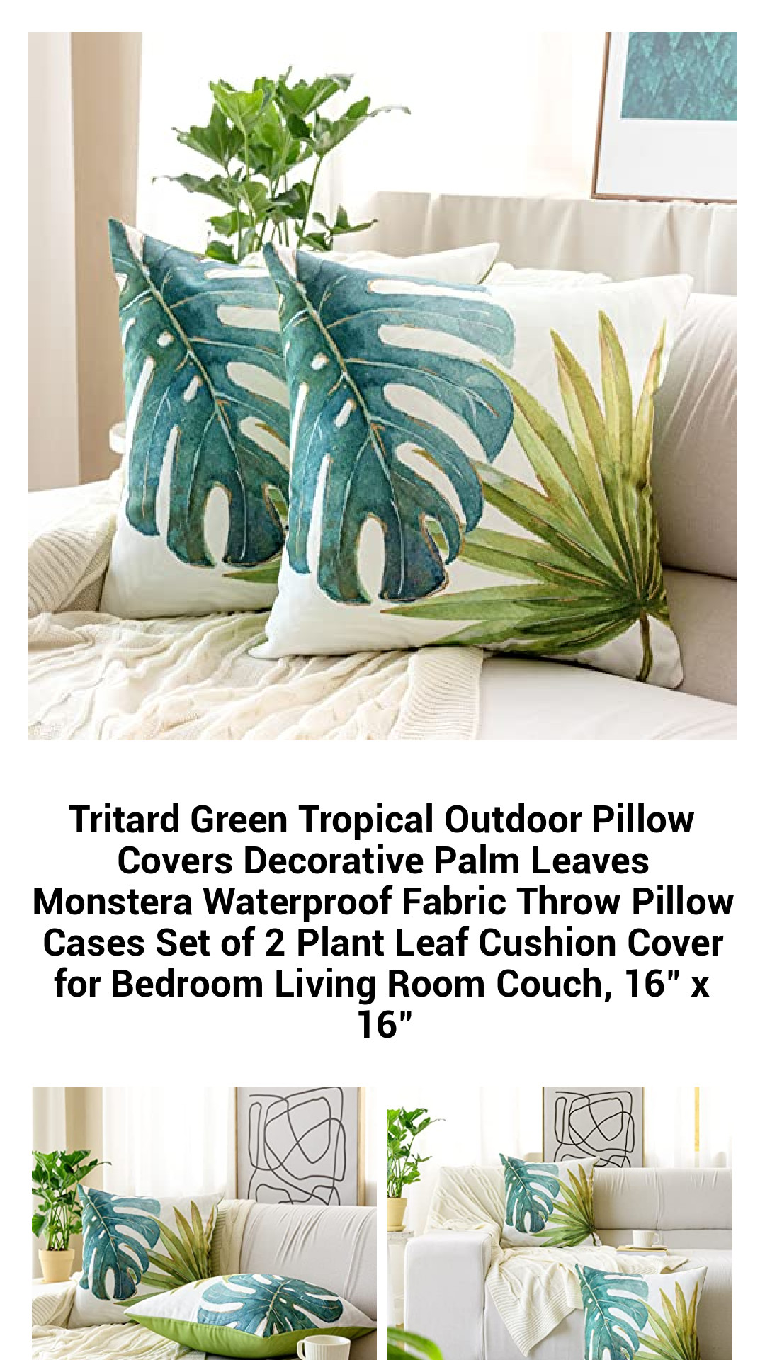 Tropical Oasis Waterproof Pillow Covers Set of 2 – Monstera & Palm Leaf Decorative Throw Cushions for Indoor & Outdoor Use, 16" x 16"