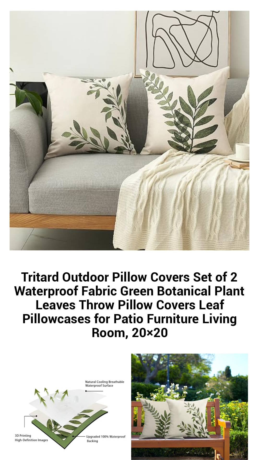 Stylish Waterproof Botanical Pillow Covers Set of 2 - 20x20 Inch Green Leaf Decor for Outdoor and Indoor Spaces