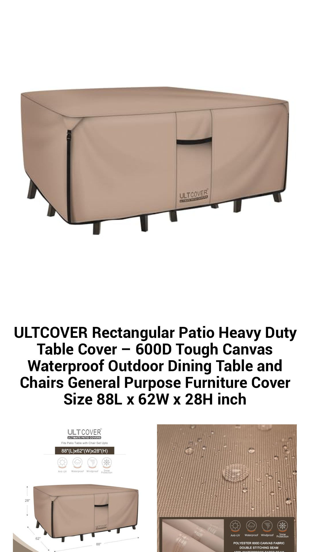 Premium 600D Waterproof Rectangular Patio Table Cover – Heavy Duty Protection for Outdoor Dining Furniture – Fits Tables and Chairs up to 88L x 62W x 28H Inches