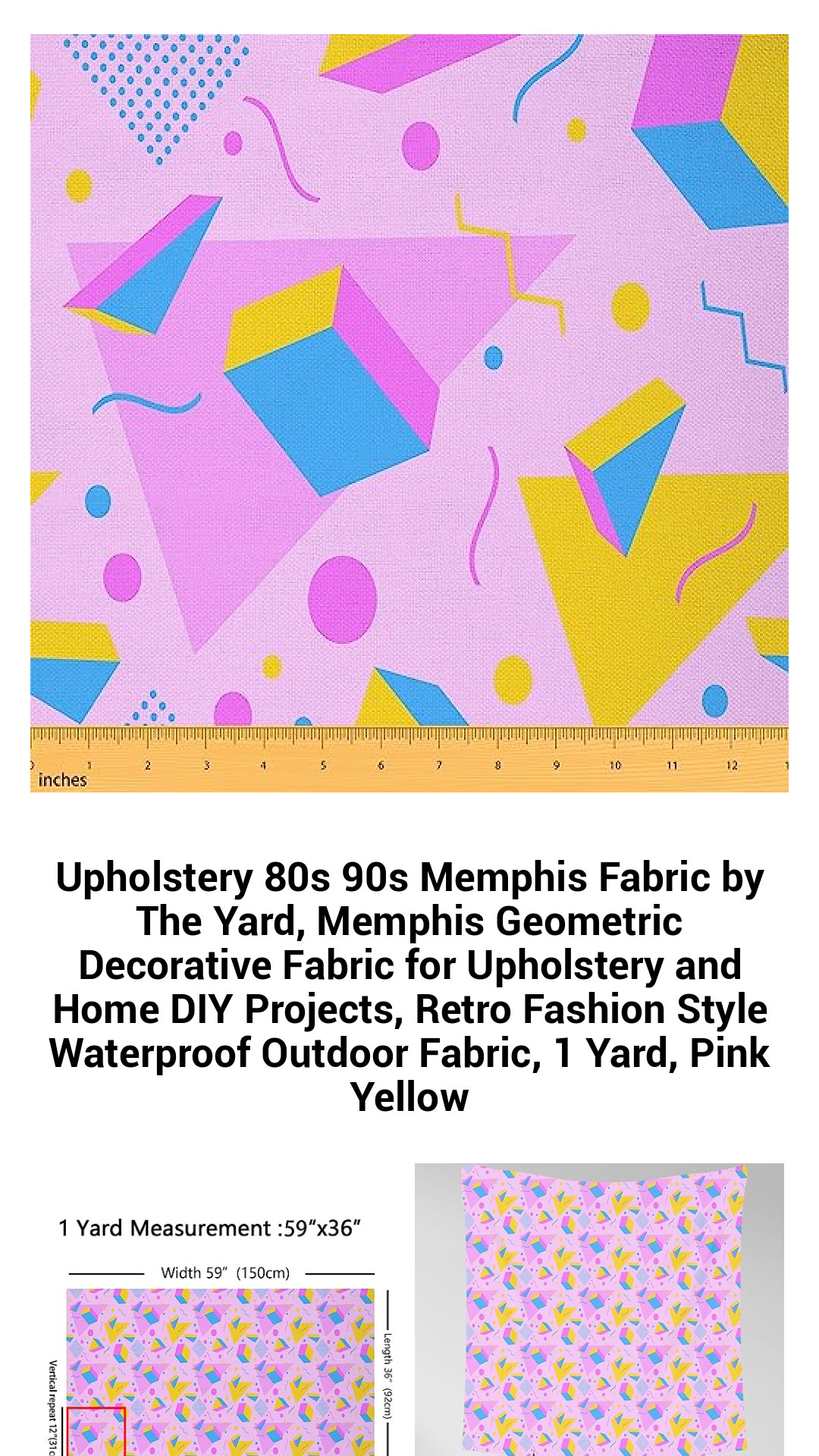 Vibrant 80s 90s Memphis Geometric Upholstery Fabric - Waterproof Retro Decorative Fabric by the Yard for DIY Projects and Home Decor in Pink and Yellow