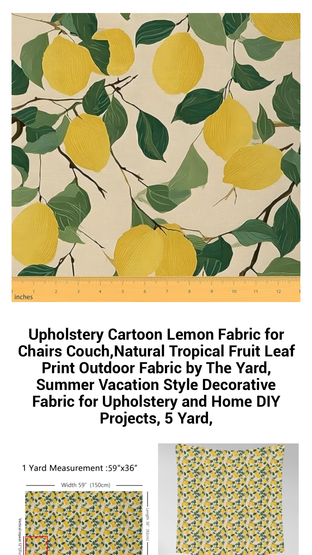 Tropical Lemon Print Upholstery Fabric - Vibrant Summer-Inspired 100% Polyester Fabric by the Yard for Home Decor and DIY Projects