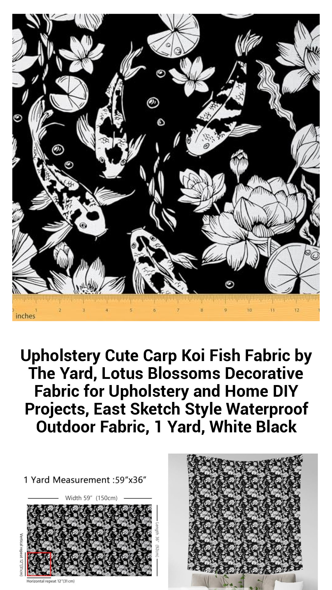 Exquisite Koi Fish Fabric with Lotus Blossoms - Waterproof Decorative Upholstery Material for Home and Outdoor DIY Projects - 1 Yard Cut, Stylish Black and White Design