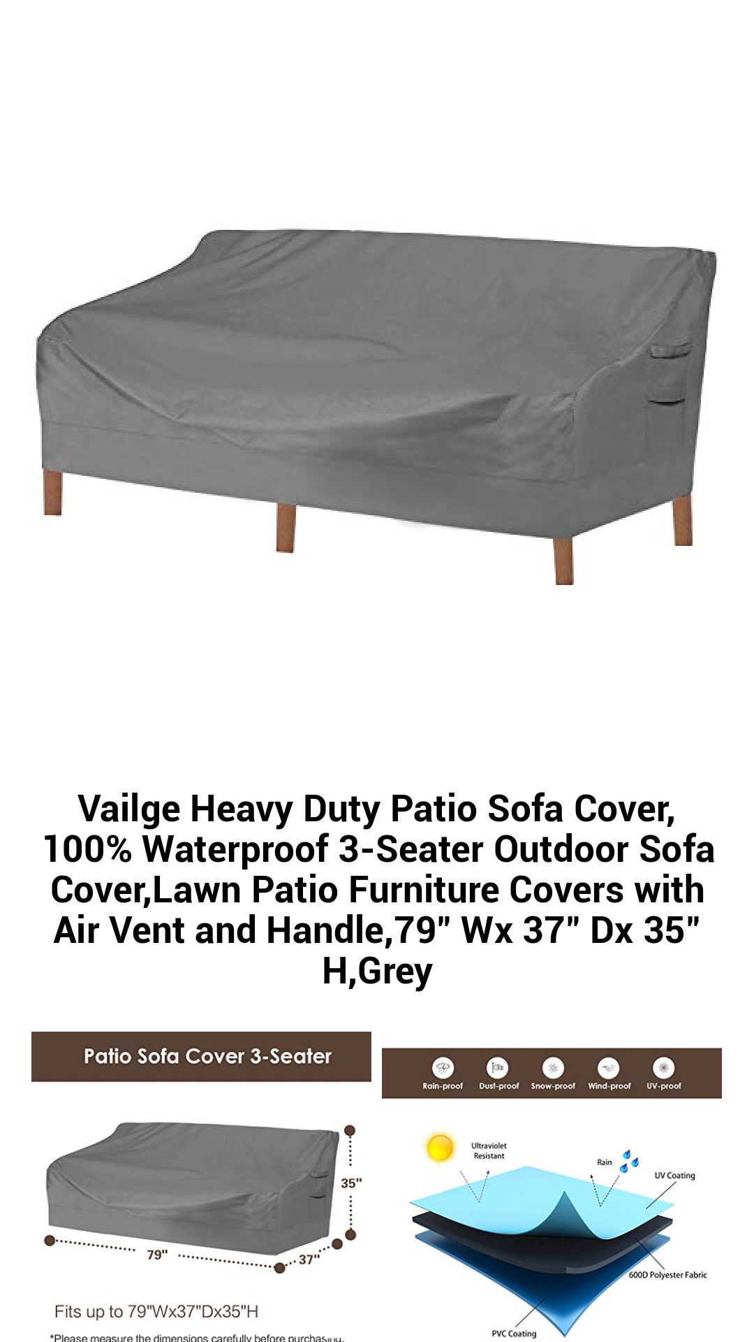 Vailge Heavy Duty Patio Sofa Cover, 100% Waterproof 3-Seater Outdoor Sofa Cover,Lawn Patio Furniture Covers with Air Vent and Handle,79" Wx 37" Dx 35" H,Grey Vailge Heavy Duty Patio Sofa Cover, 100% Waterproof 3-Seater Outdoor Sofa Cover,Lawn Patio Furniture Covers with Air Vent and Handle,79" Wx 37" Dx 35" H,Grey