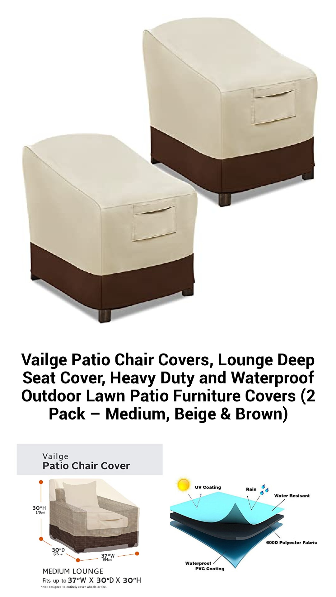 Premium Heavy-Duty Waterproof Patio Chair Covers - 2 Pack Medium, Stylish Beige & Brown for Ultimate Outdoor Furniture Protection