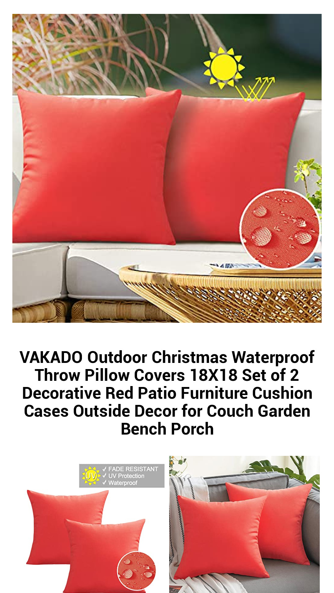 Vibrant Red Outdoor Waterproof Throw Pillow Covers - 18x18 Decorative Cushion Cases for Holiday Patio Decor - Set of 2