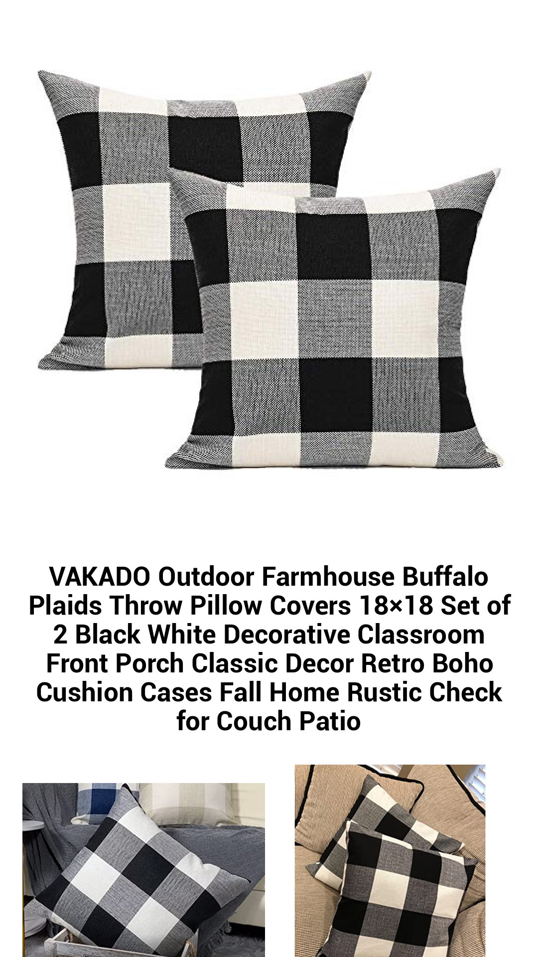 Rustic Black and White Buffalo Check Throw Pillow Covers - Set of 2 Farmhouse Style Cushions for Home, Patio, and Classroom Decor
