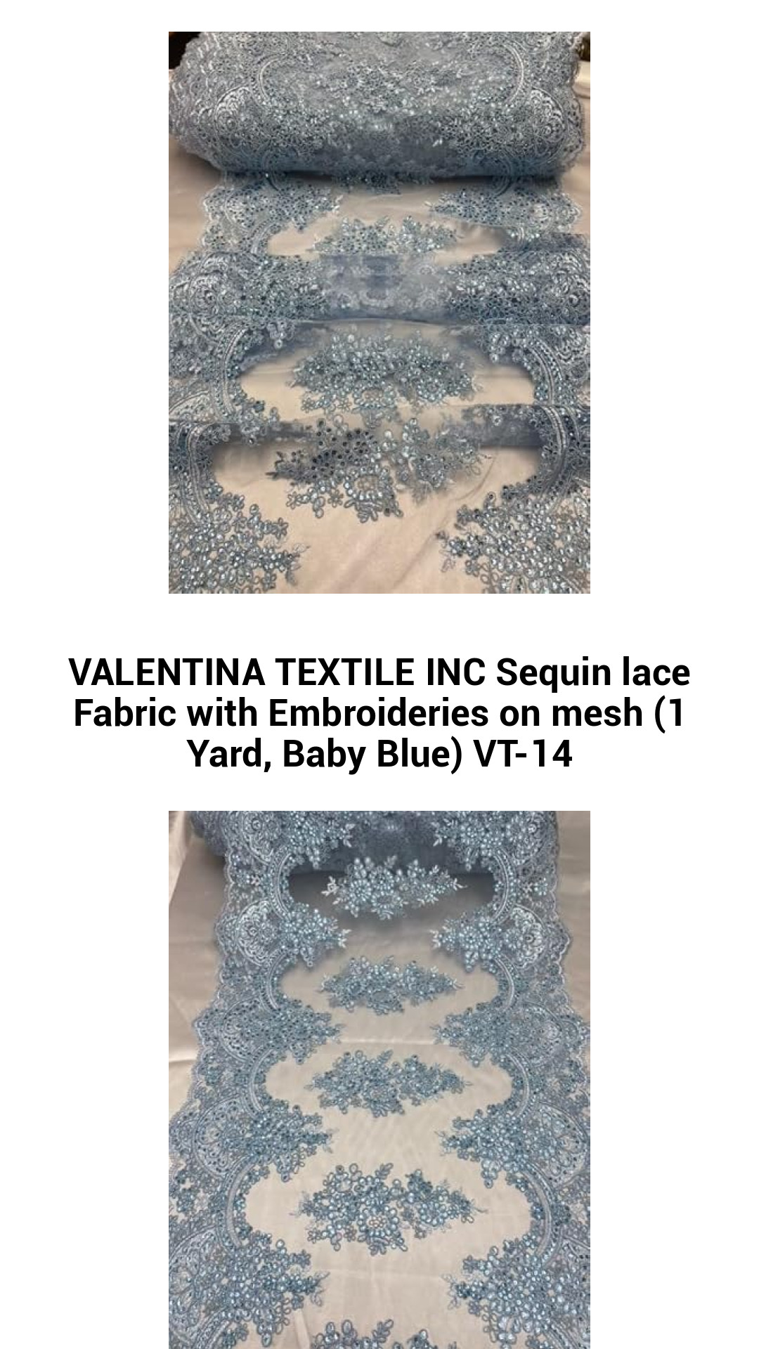 Luxurious Baby Blue Sequin Lace Fabric with Exquisite Embroideries on Mesh - 1 Yard by Valentina Textile Inc.