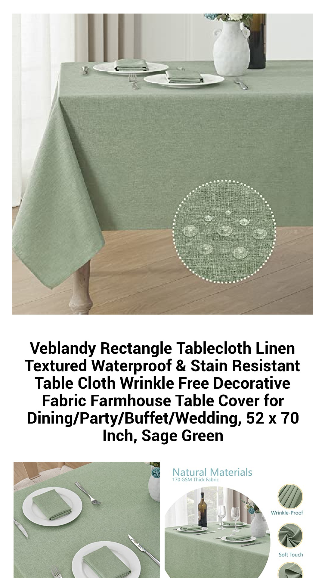 Elegant Sage Green Rectangular Tablecloth - Stain Resistant, Waterproof, and Wrinkle-Free Linen Fabric for Dining, Parties, and Weddings - Perfect 52 x 70 Inch Table Cover