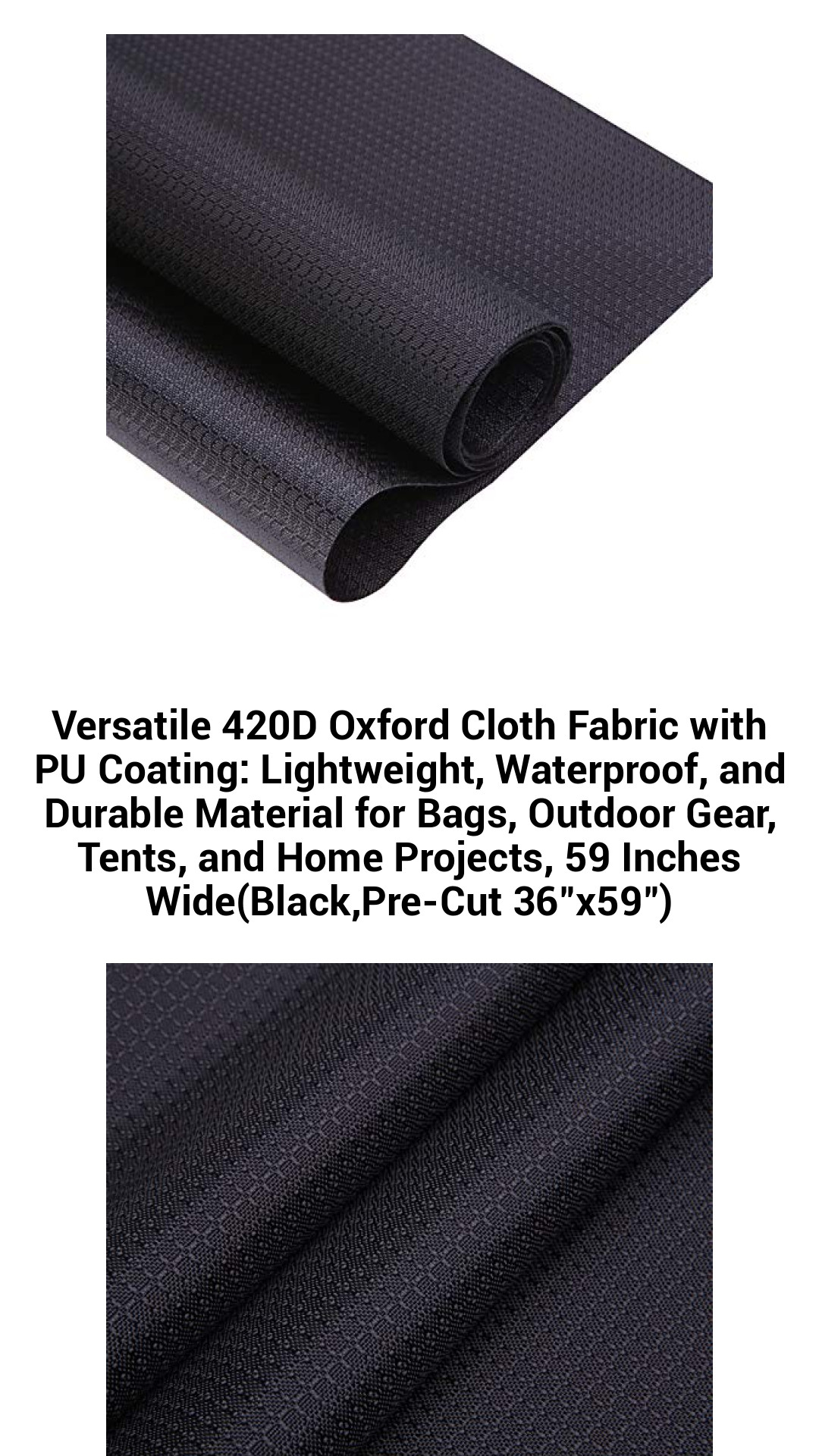Premium 420D Oxford Cloth with PU Coating - Lightweight, Waterproof, and Durable Fabric for Bags, Outdoor Gear, Tents & DIY Projects - 36"x59" Pre-Cut Black Fabric