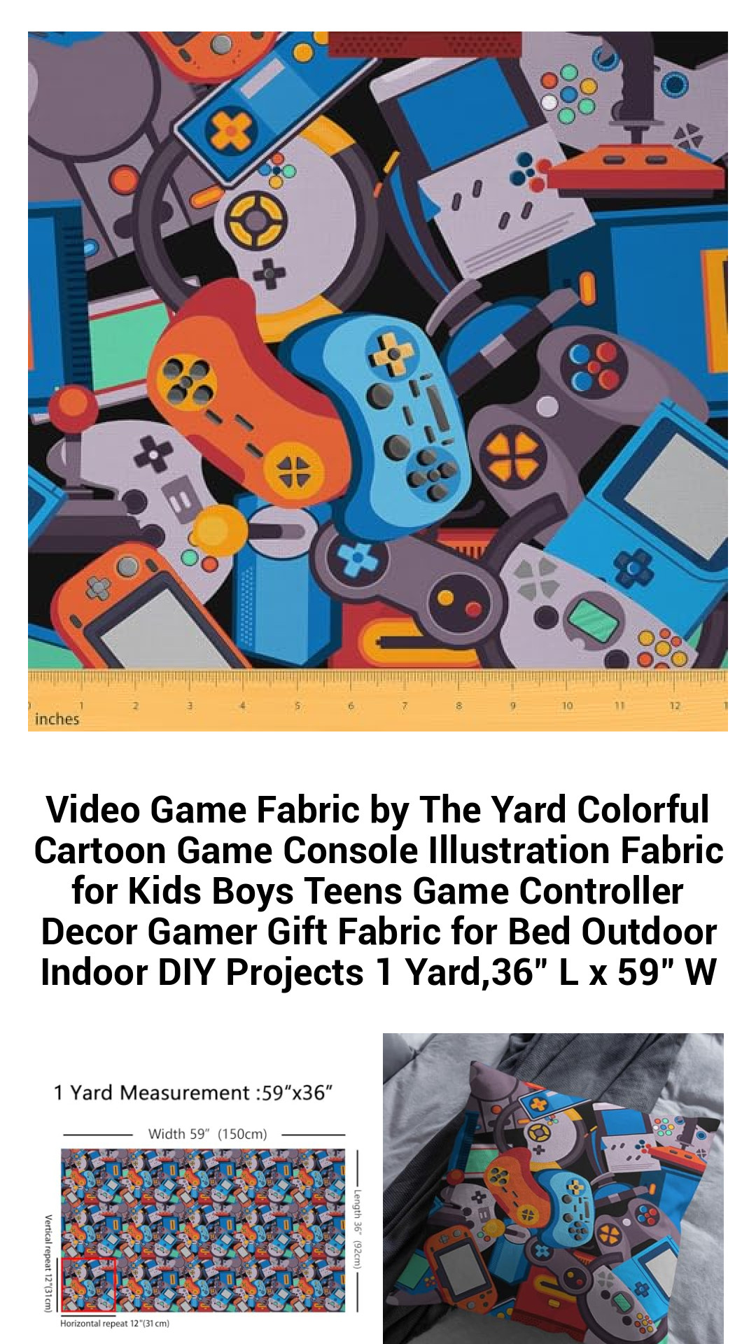 Vibrant Video Game Fabric by the Yard - Playful Cartoon Console and Controller Design for Kids, Teens, and Gamers - Perfect for DIY Crafts, Home Decor, and Gifts