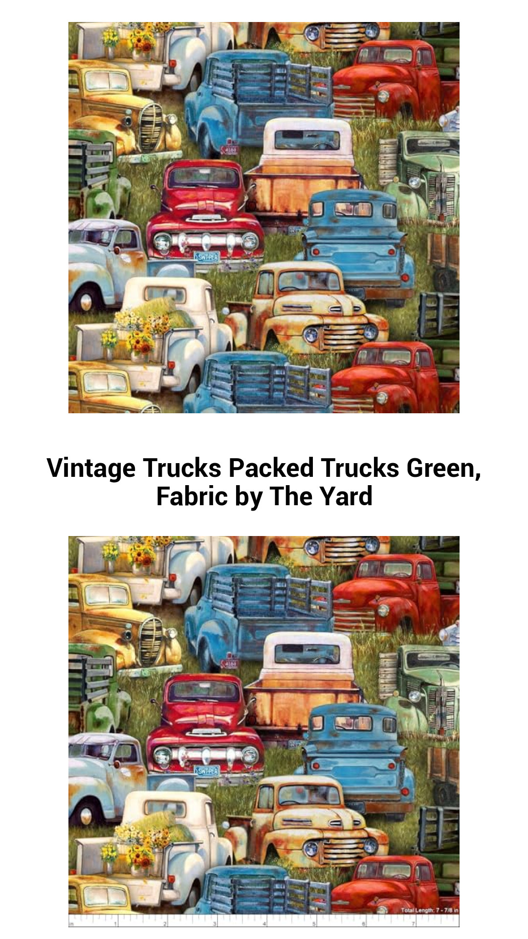 Charming Vintage Truck Fabric in Lush Green – Perfect for Quilting and Creative Projects by the Yard