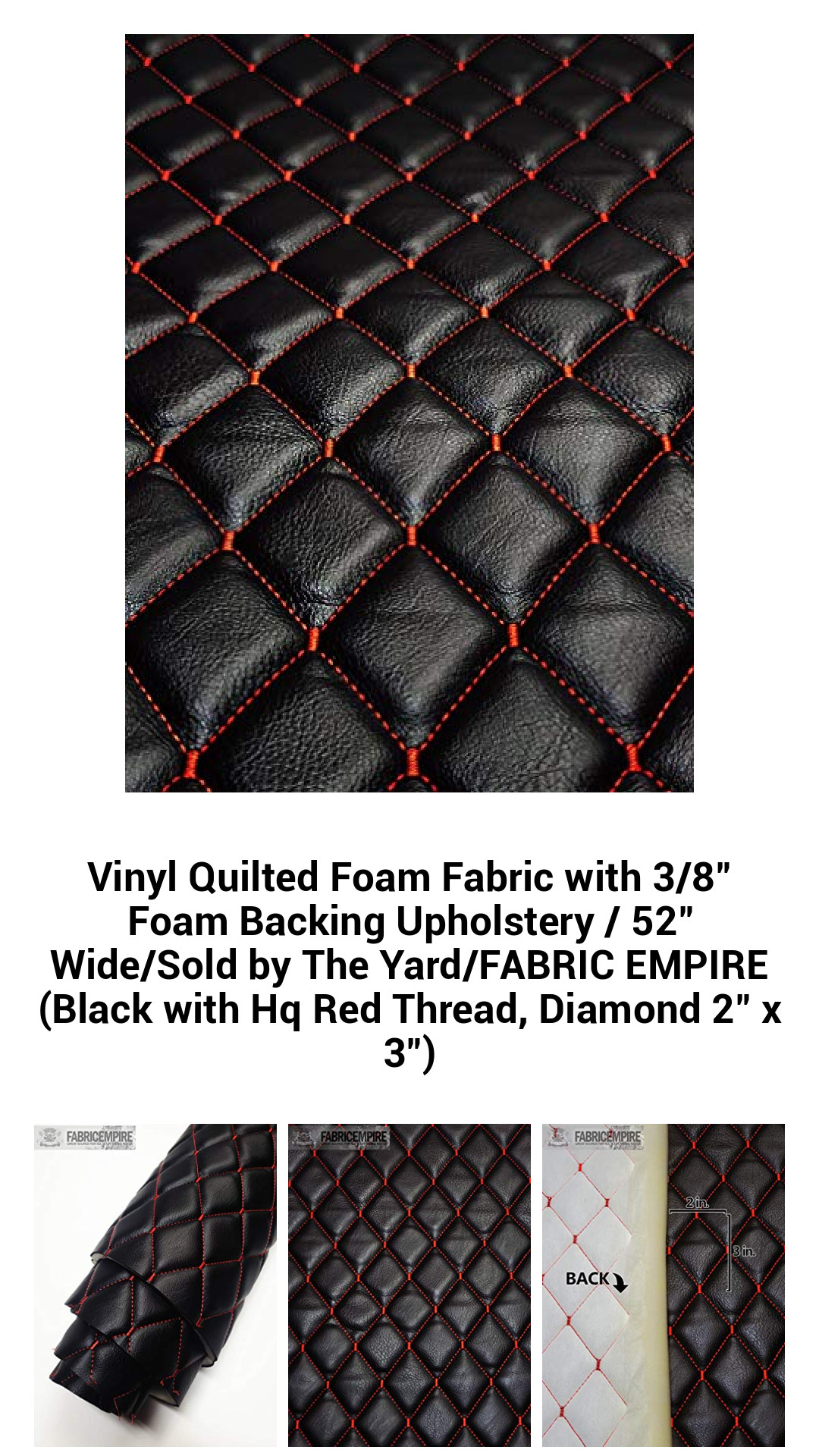 Premium Vinyl Quilted Foam Upholstery Fabric with Durable 3/8" Backing - 52" Wide, Dynamic Black with HQ Red Thread Design, Sold by the Yard