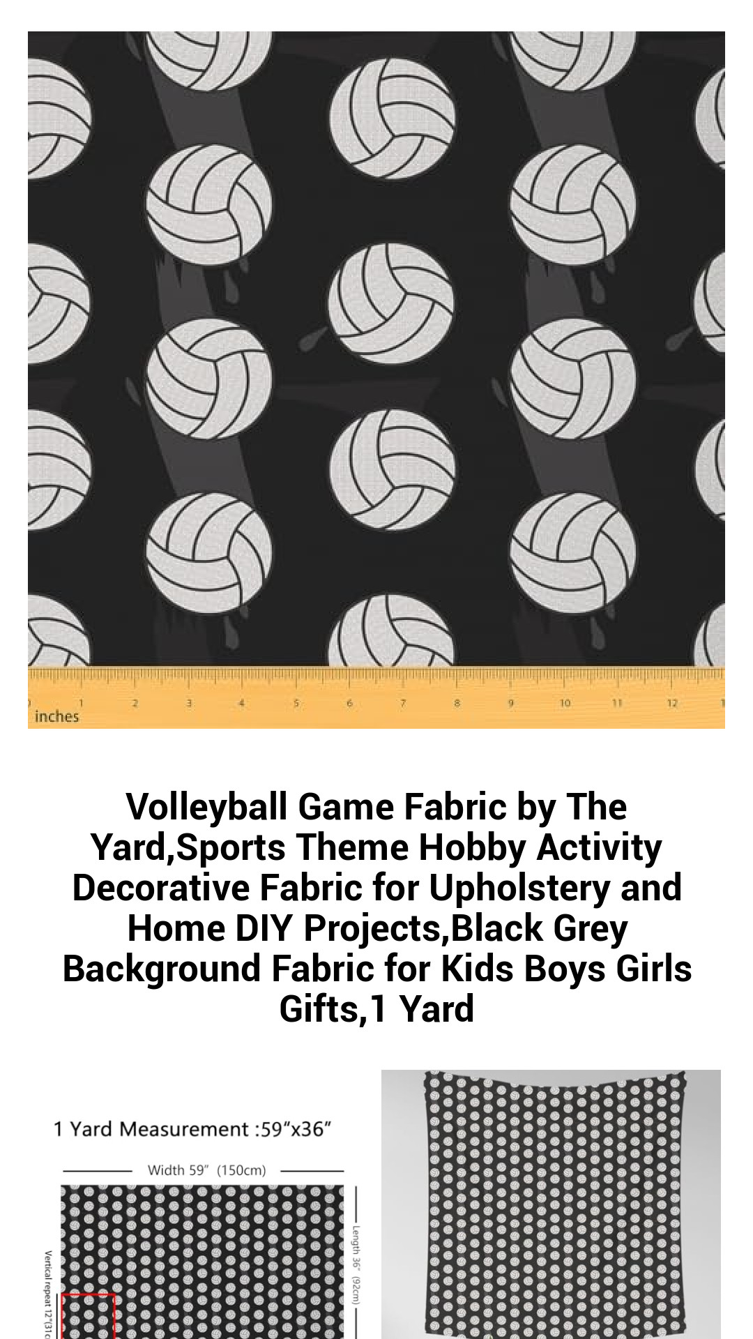 Premium Volleyball Game Fabric by the Yard – Versatile Sports-Themed Upholstery and DIY Fabric for Kids' Projects – Stylish Black and Grey Design Perfect for Crafting and Home Decor