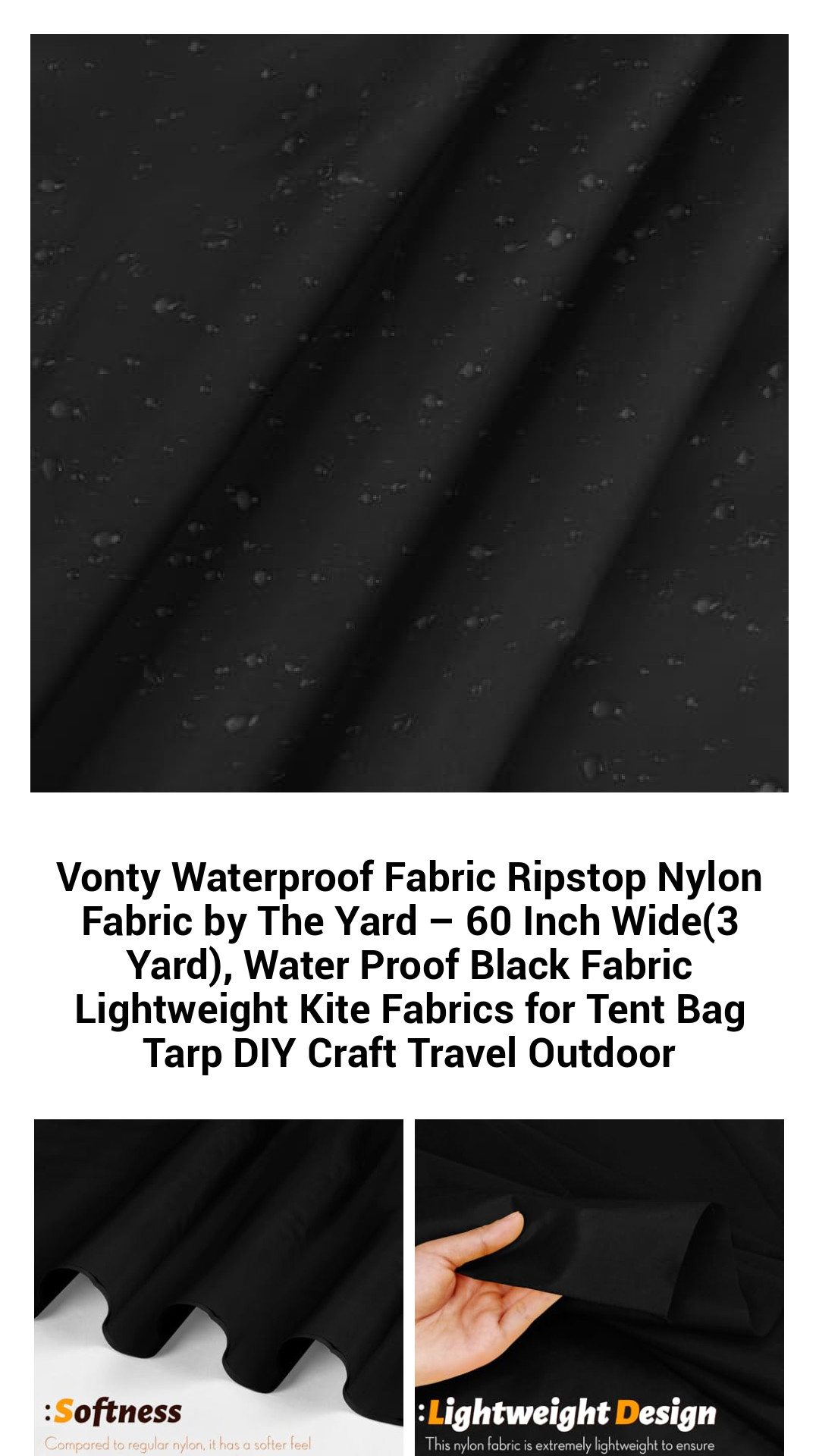Vonty Premium Waterproof Ripstop Nylon Fabric - 60 Inch Wide, 3 Yard Lightweight Outdoor Fabric for Tents, Bags, Tarps, and DIY Projects