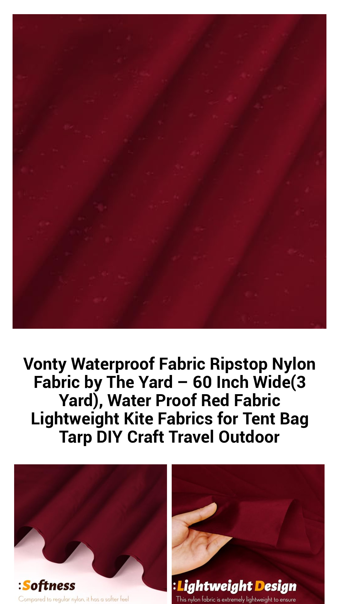 Premium Waterproof Ripstop Nylon Fabric – 60 Inch Wide, Lightweight Red Outdoor Fabric for DIY Projects, Tents, Bags, and Crafts