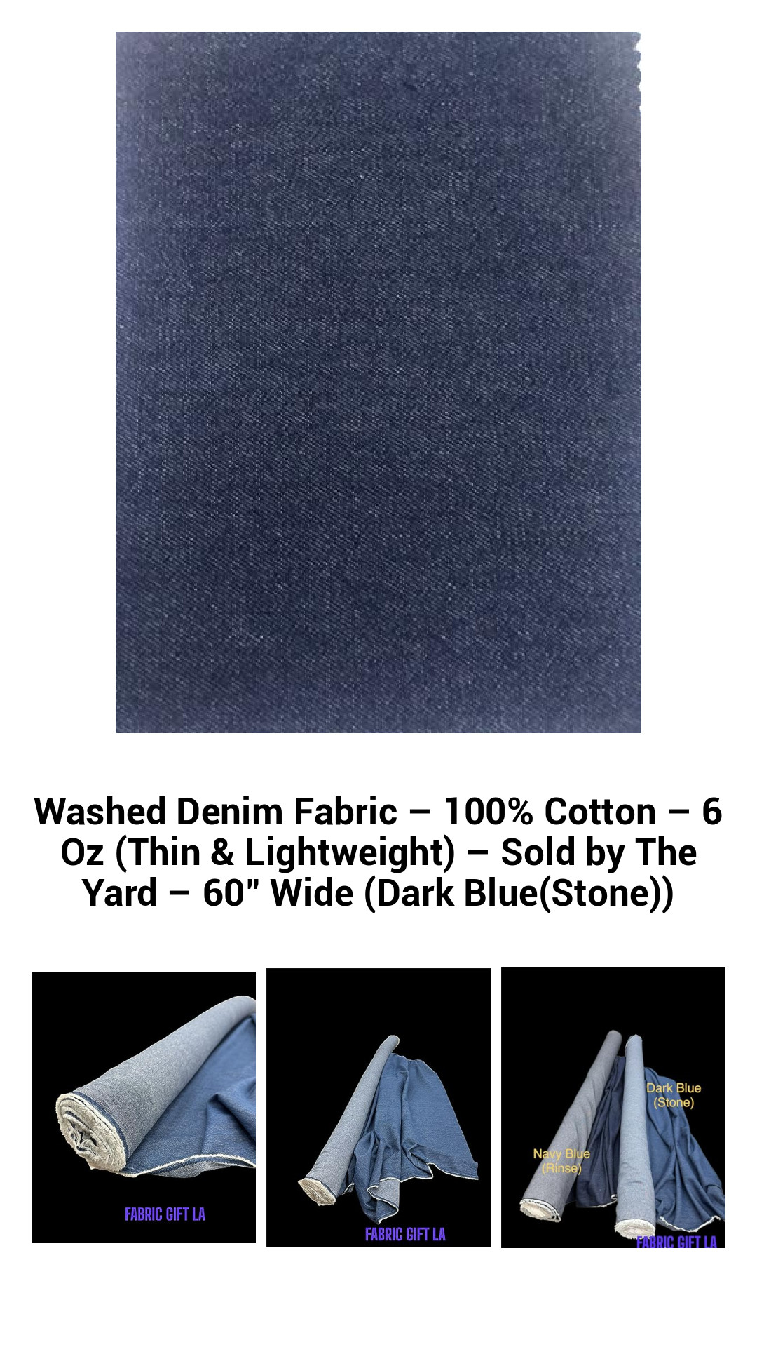 Premium Washed Denim Fabric - 100% Cotton - Lightweight 6 Oz - 60" Wide Dark Blue Stone - Perfect for Apparel and Home Decor