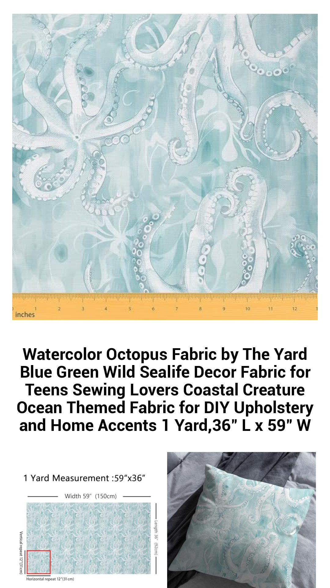 Coastal Watercolor Octopus Fabric by the Yard - Vibrant Blue and Green Sealife Decor for Teens, DIY Projects, and Home Accents