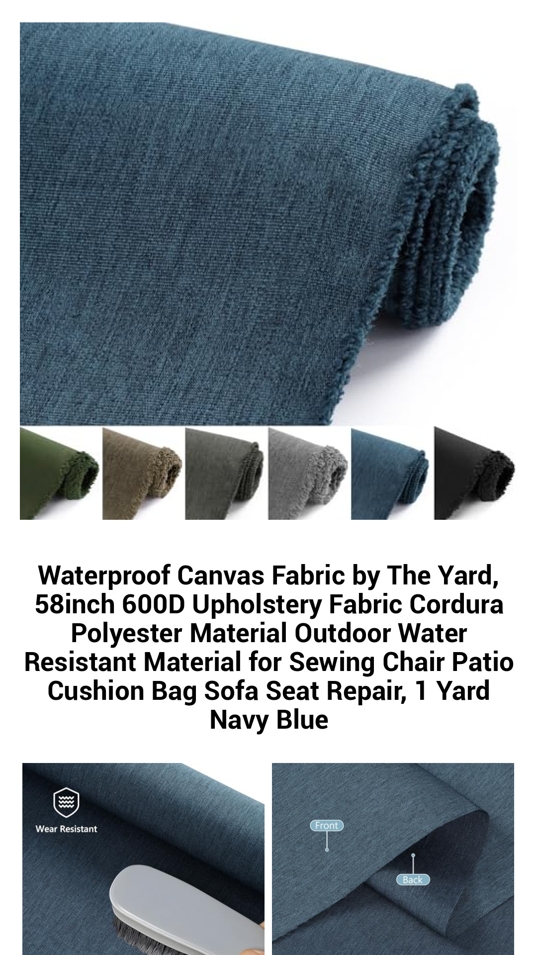 Durable Waterproof Canvas Fabric by The Yard – 58-Inch 600D Cordura Polyester for Outdoor and Indoor Upholstery, Cushions, Bags, and Repairs – Navy Blue