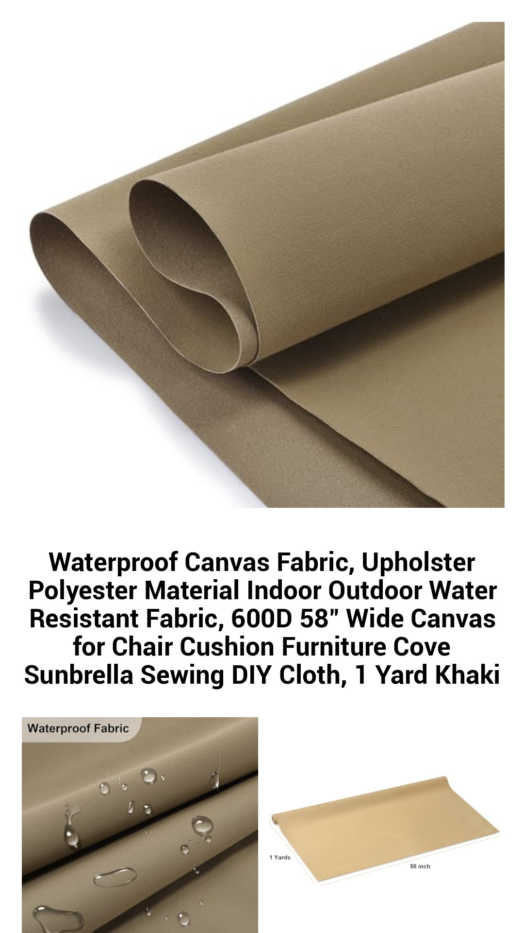 Heavy-Duty Waterproof Canvas Fabric - Premium 600D Polyester for Indoor/Outdoor Use, Versatile DIY Upholstery Fabric, 58" Wide, Khaki - Perfect for Cushions, Furniture Covers, and More!