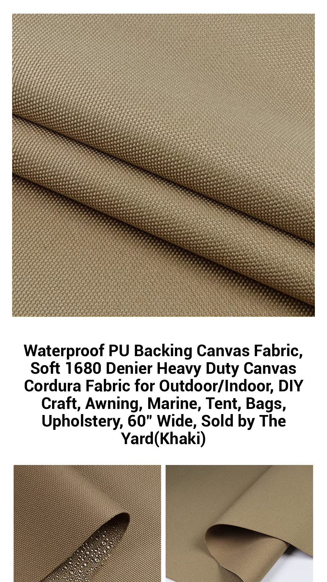 Premium Waterproof 1680D Canvas Fabric - Heavy-Duty PU Backing for Versatile DIY Projects, Upholstery, Tents & More - 60" Wide, Sold by the Yard (Khaki)