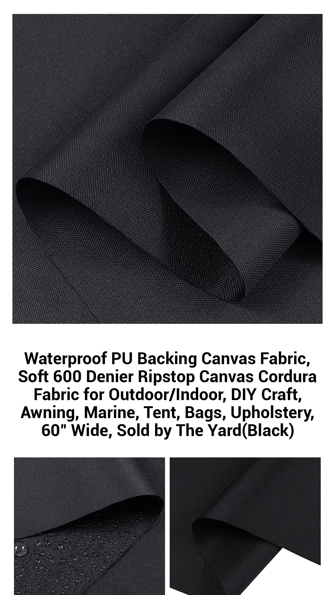 Premium Waterproof 600D Ripstop Canvas Fabric with PU Backing – Versatile for Outdoor and Indoor Projects, Ideal for DIY Crafts, Upholstery, Bags, and More – 60" Wide, Sold by the Yard (Black)