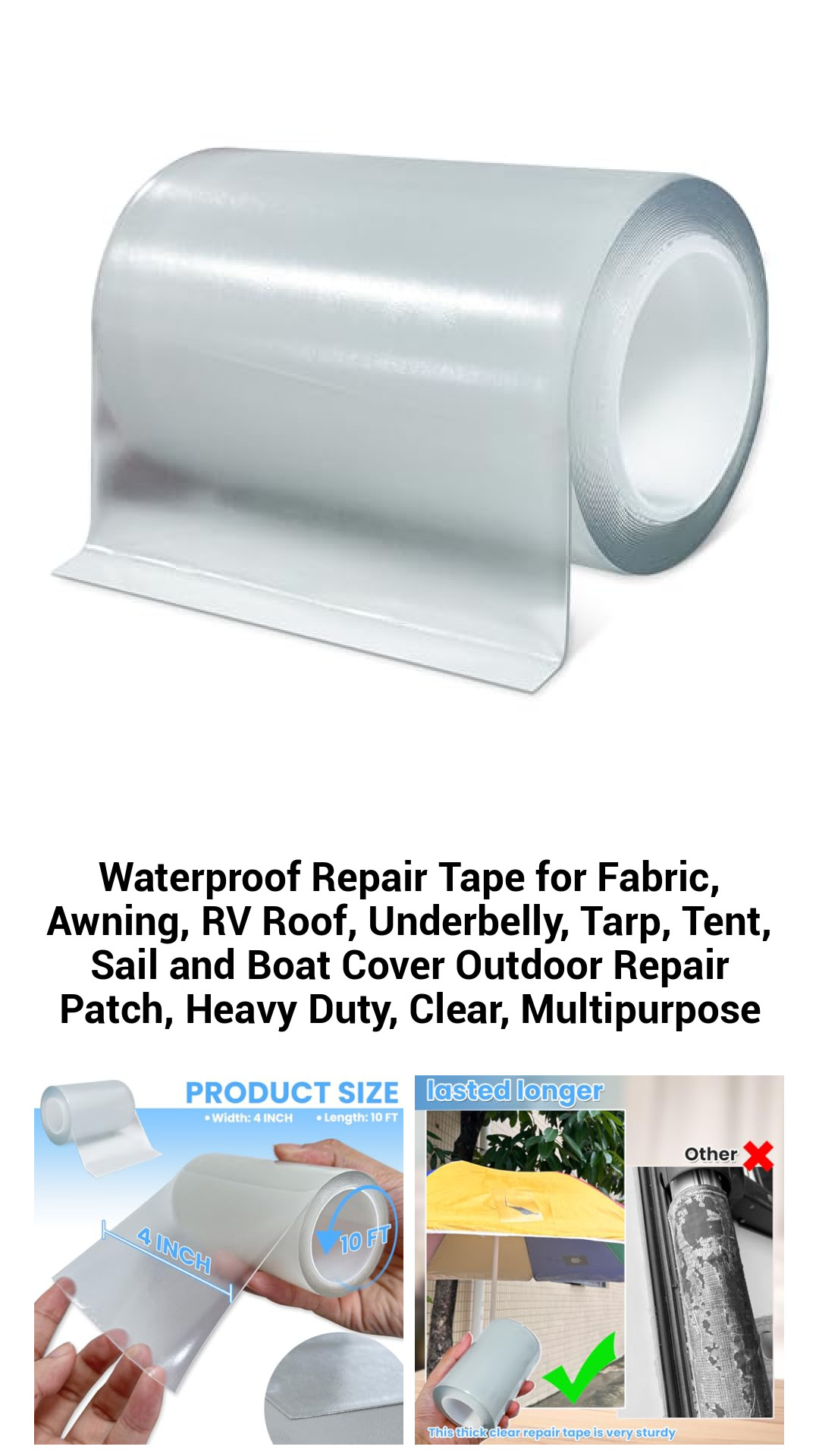 Heavy-Duty Waterproof Repair Tape for All Outdoor Fabrics, Canvas, RVs, Tents, and More – Reinforced Clear Multipurpose Patch for Quick Fixes