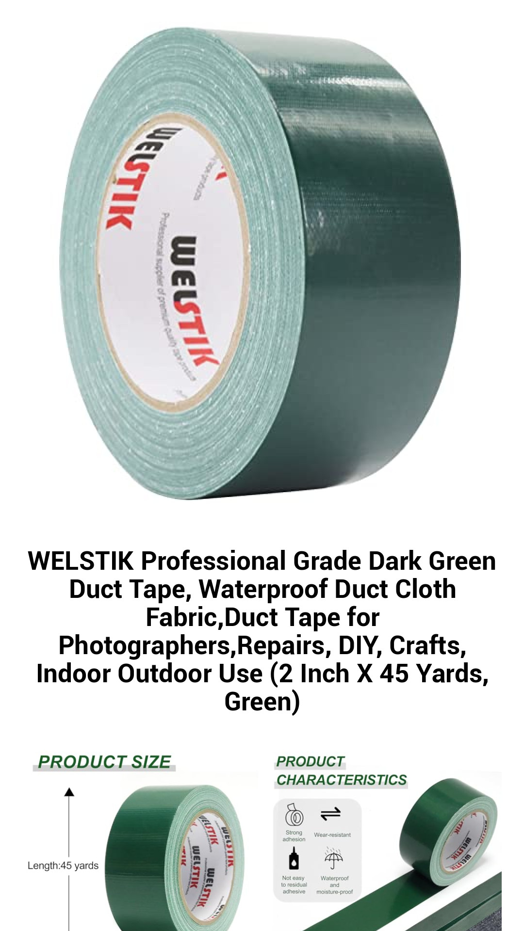 High-Performance Dark Green Duct Tape - Waterproof & Versatile for DIY, Repairs, Crafts & Professional Use (2 Inch x 45 Yards)