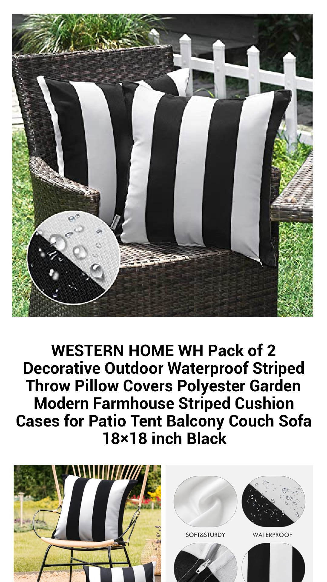 Stylish Waterproof Striped Throw Pillow Covers - Set of 2 for Modern Outdoor and Indoor Decor - 18x18 Inch Black and White Cushion Cases
