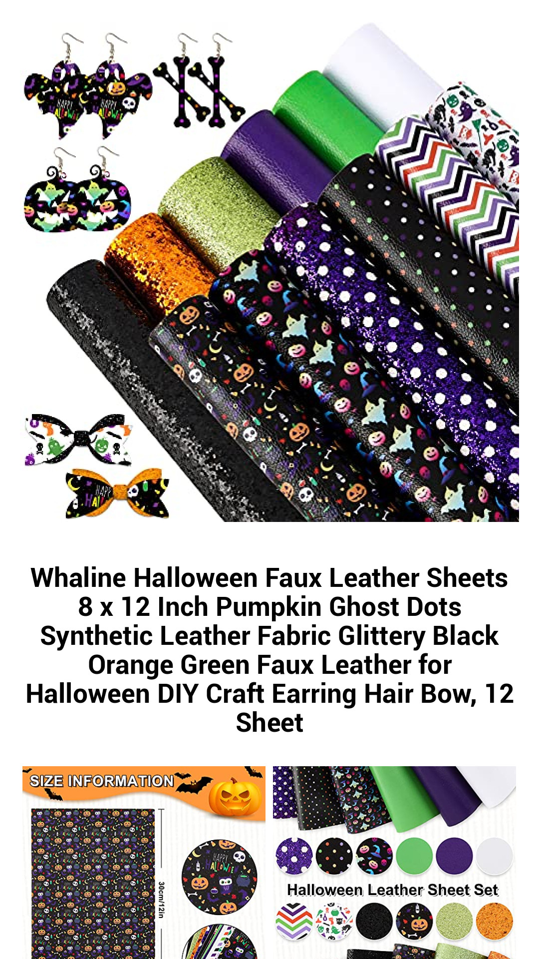 Spooktacular Halloween Faux Leather Craft Sheets – 12 Assorted Glitter & Patterned 8 x 12 Inch Sheets for DIY Earrings, Hair Bows, and Party Decor
