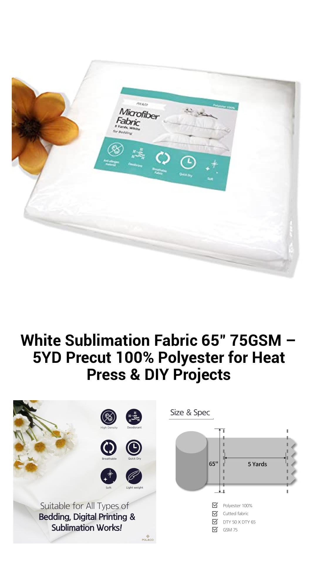 Premium White Sublimation Fabric 65" x 5 Yards - 100% Polyester, 75GSM for Vibrant Heat Press & DIY Creations