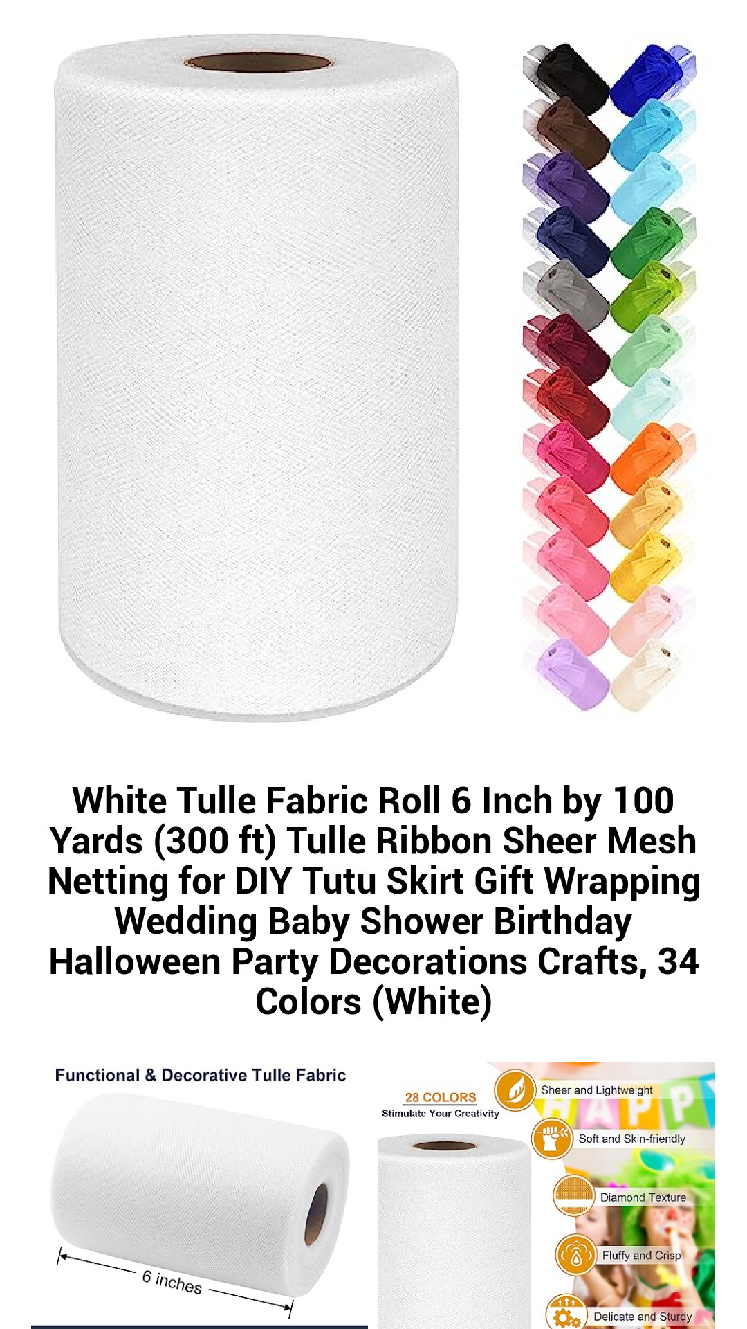 Versatile White Tulle Fabric Roll - 6 Inches x 100 Yards Ideal for DIY Crafts, Tutu Skirts, Wedding Decor, and Party Decorations in 34 Stunning Colors