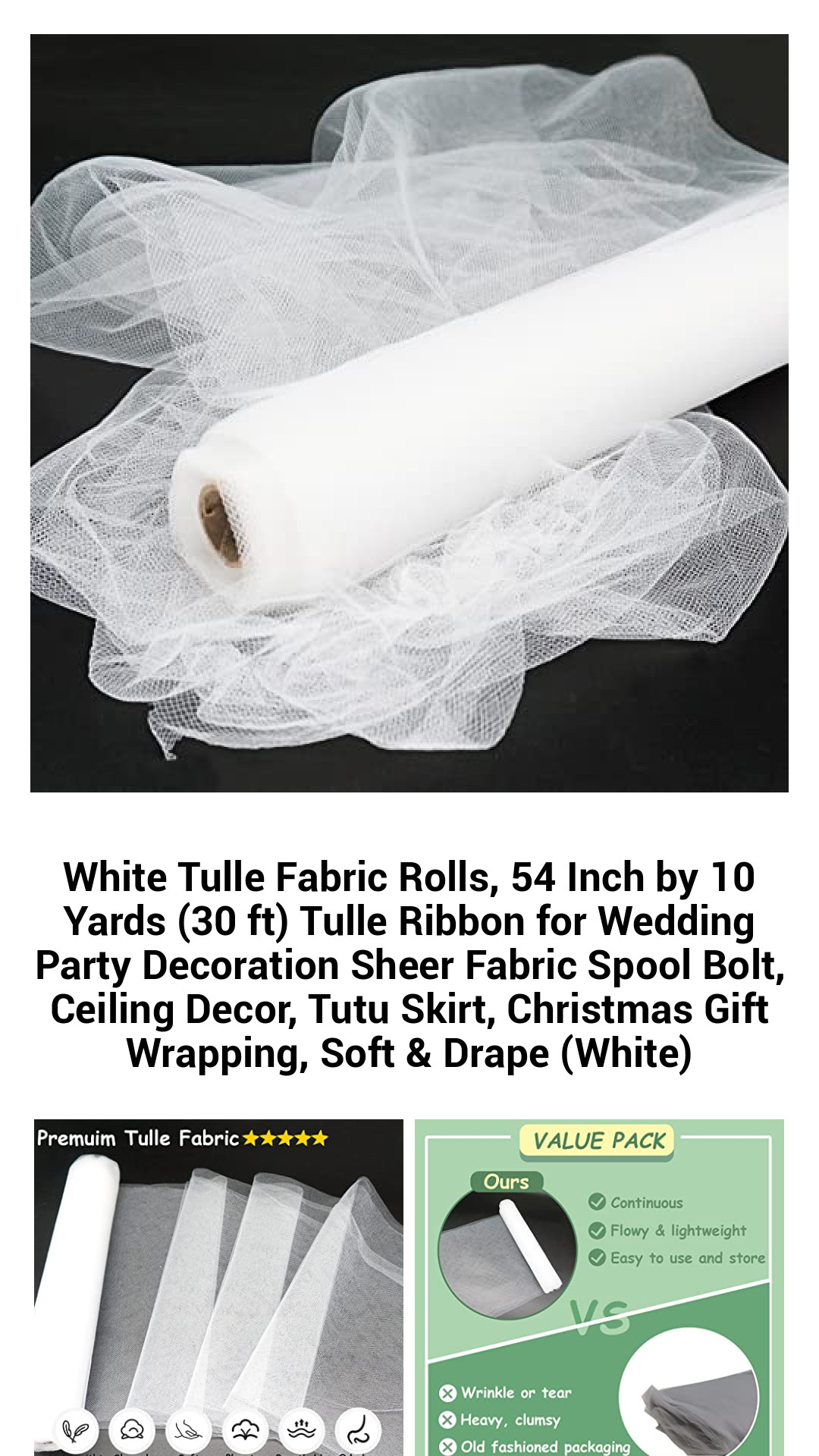 Versatile White Tulle Fabric Rolls – 54 Inch x 10 Yards, Perfect for Weddings, Parties & Creative Decor