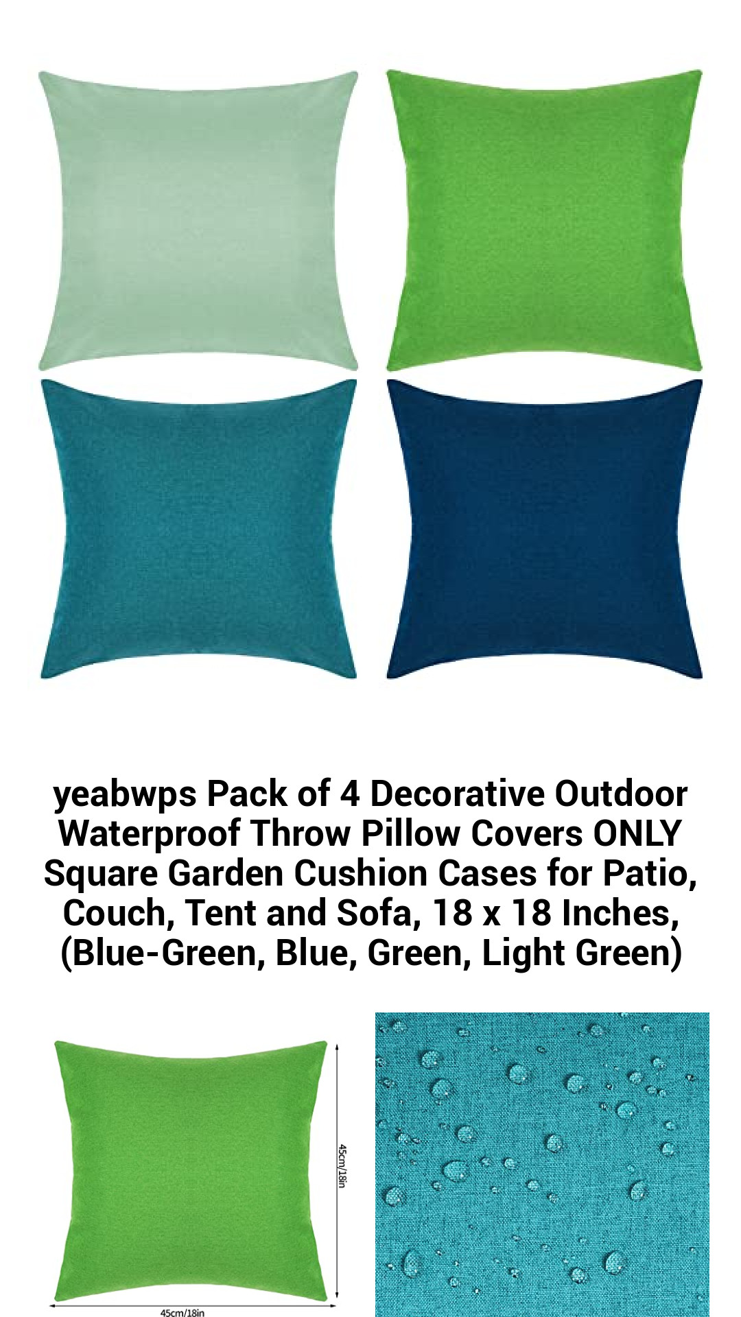 Vibrant Waterproof Throw Pillow Covers – Set of 4 Square 18x18 Cushion Cases for Stylish Outdoor and Indoor Decor – Perfect for Patios, Sofas, and Gardens in Blue-Green Hues